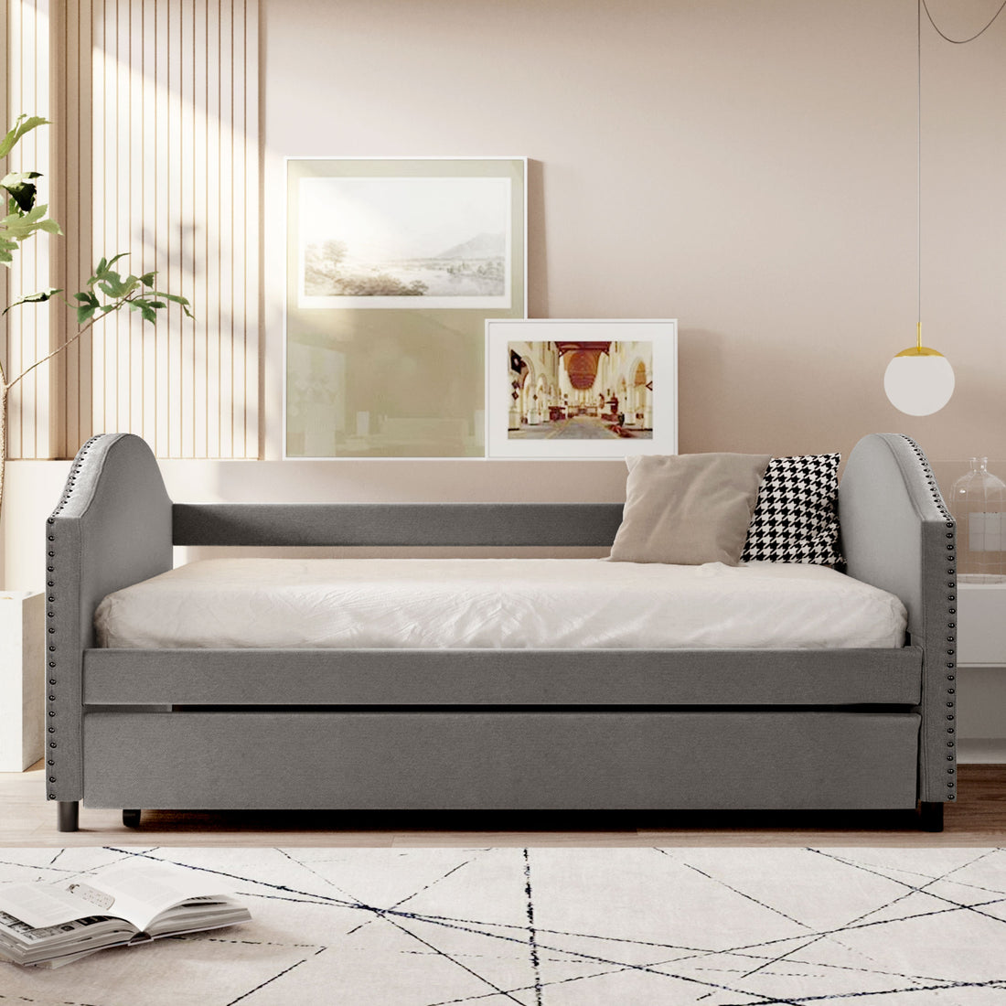 Full Size Upholstered Daybed With Twin Size Trundle, Wood Slat Support, Gray Old Sku :Lp000118Aae Gray Upholstered