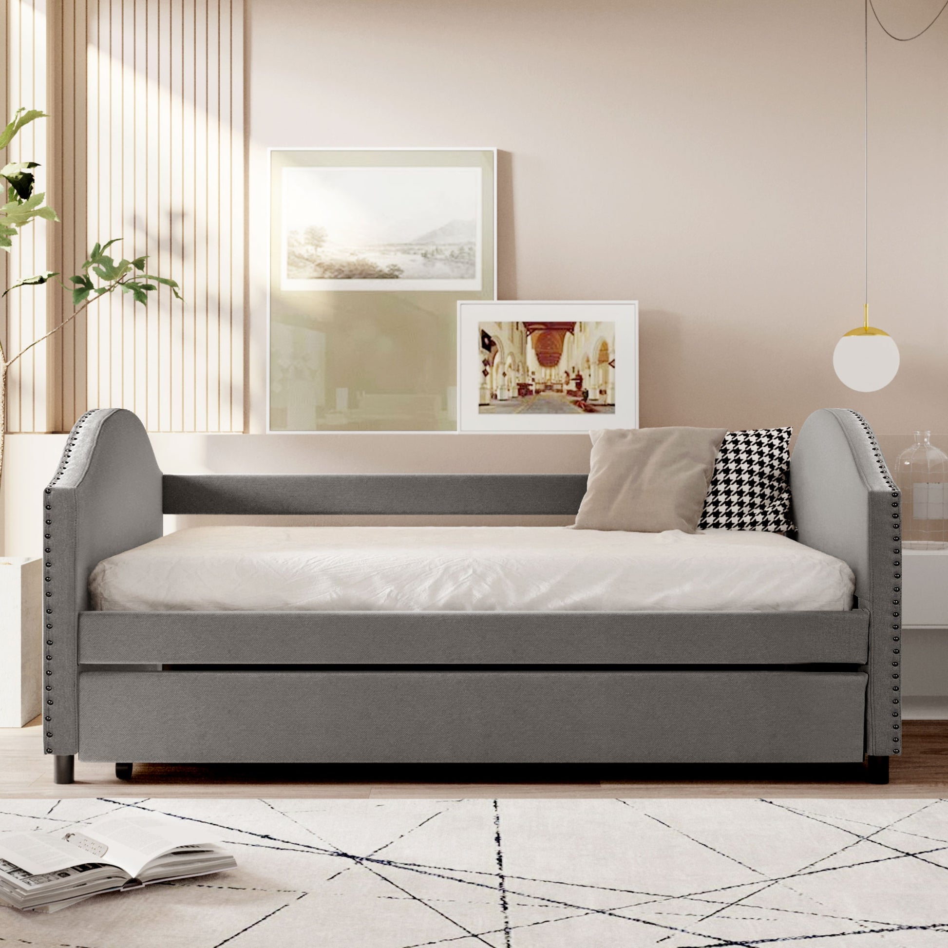 Full Size Upholstered Daybed With Twin Size Trundle, Wood Slat Support, Gray Old Sku :Lp000118Aae Gray Upholstered