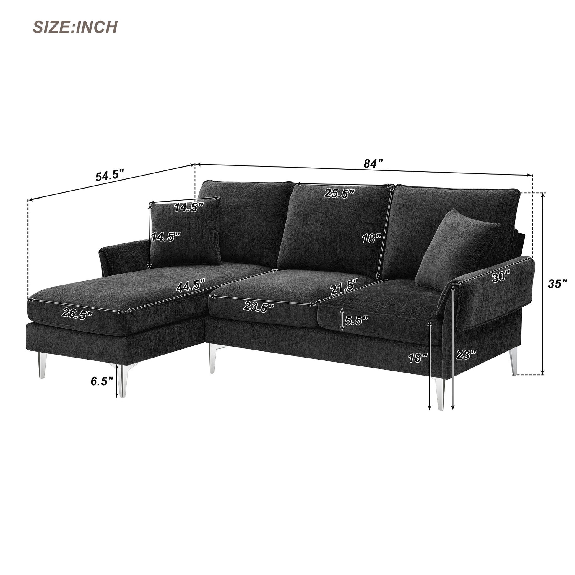 84 " Convertible Sectional Sofa, Modern Chenille L Shaped Sofa Couch With Reversible Chaise Lounge, Fit For Living Room, Apartment 2 Pillows Black Fabric