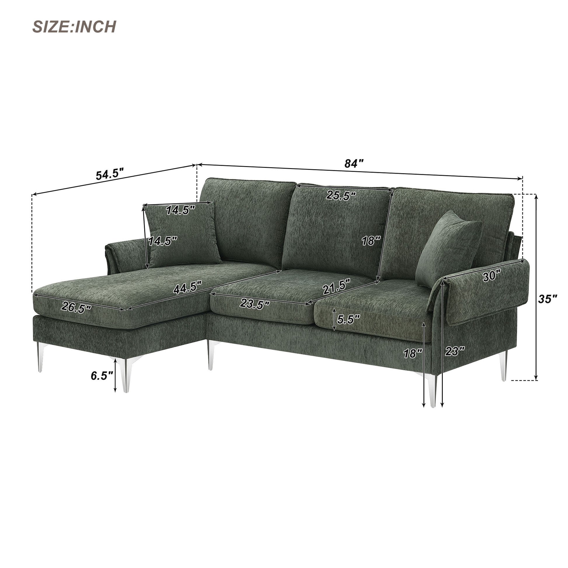 84 " Convertible Sectional Sofa, Modern Chenille L Shaped Sofa Couch With Reversible Chaise Lounge, Fit For Living Room, Apartment 2 Pillows Green Fabric