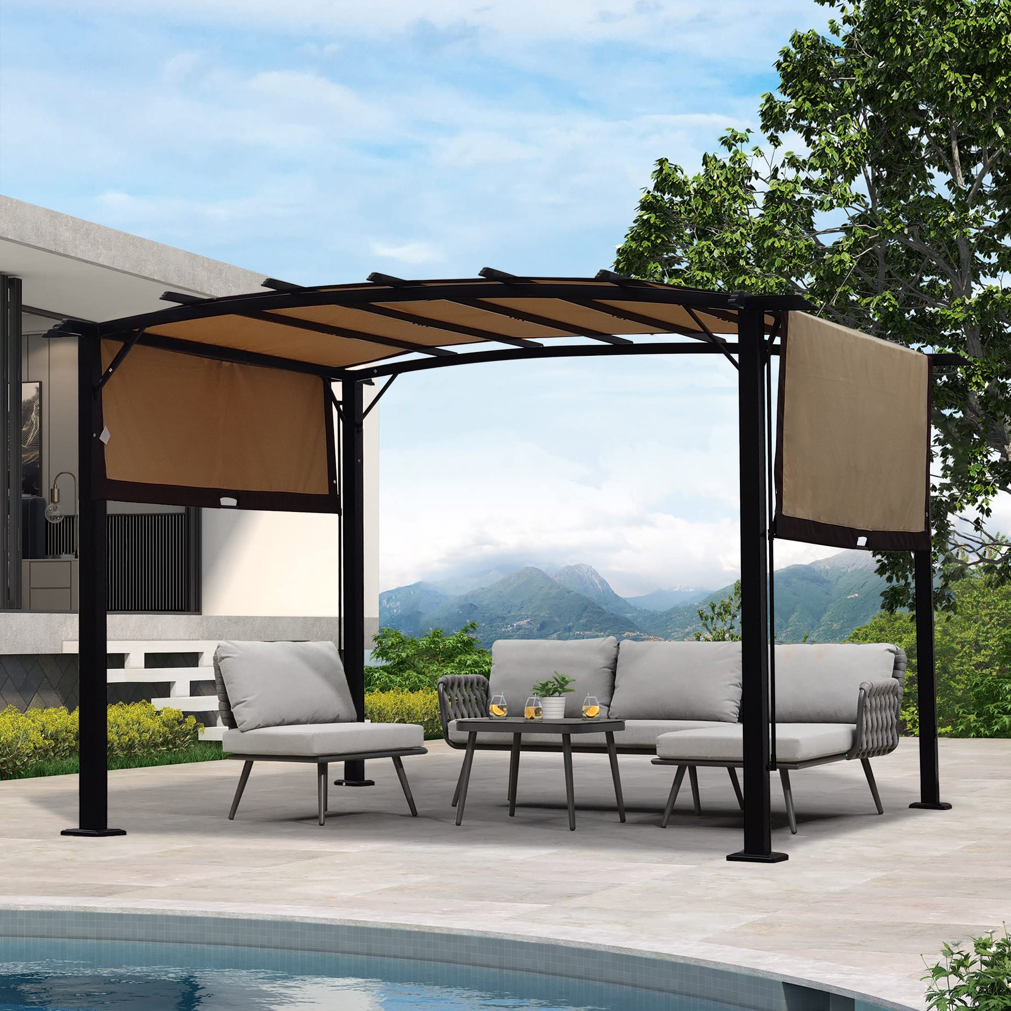 12 X 9 Ft Outdoor Pergola Patio Gazebo,Retractable Shade Canopy,Steel Frame Grape Gazebo,Sunshelter Pergola For Gardens,Terraces,Backyard Beige Same As W419S00017 Beige Brown Steel