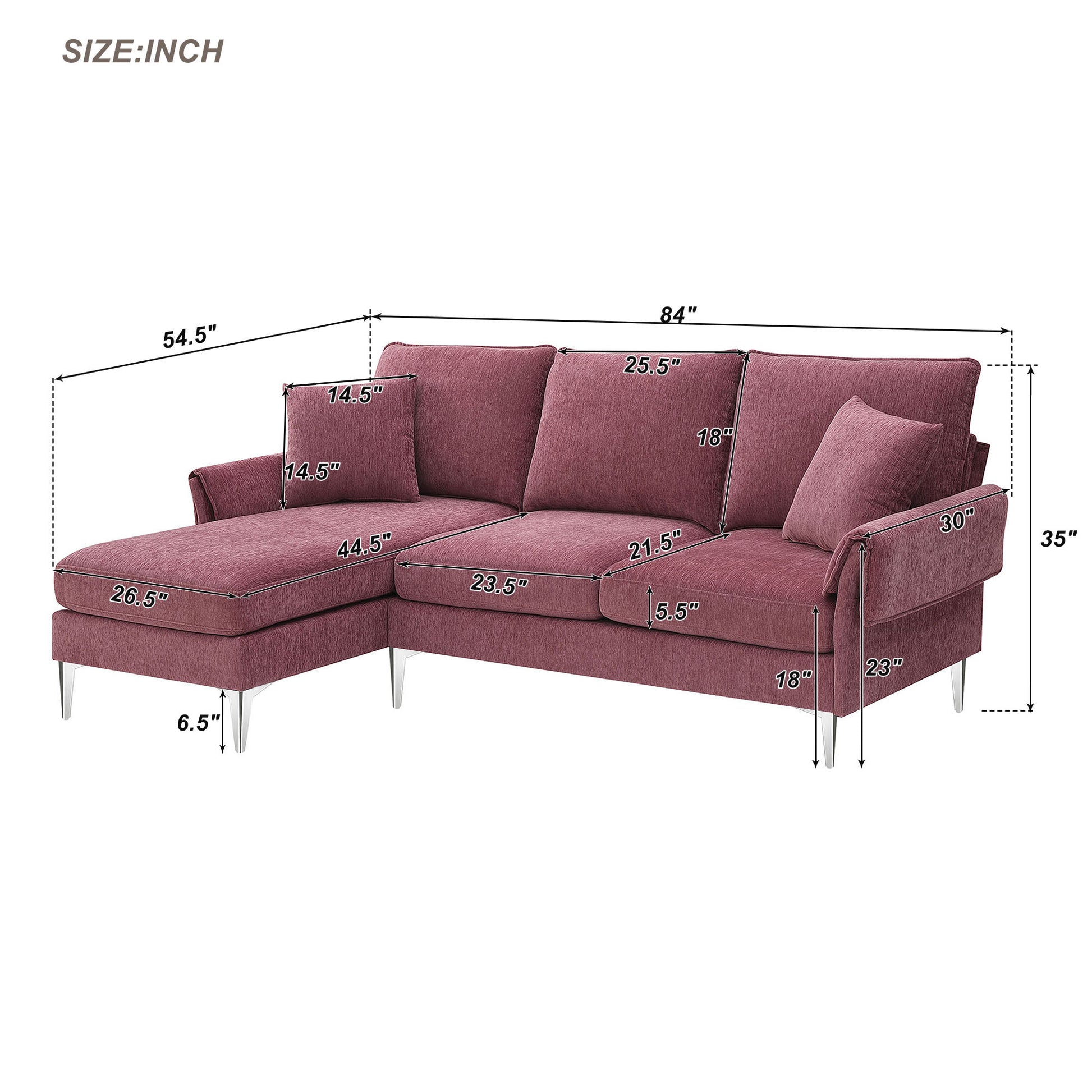 84 " Convertible Sectional Sofa, Modern Chenille L Shaped Sofa Couch With Reversible Chaise Lounge, Fit For Living Room, Apartment 2 Pillows Pink Fabric