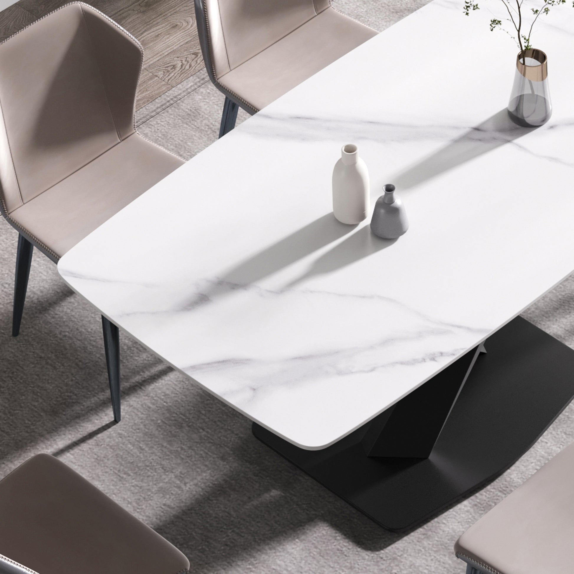 63"Modern Artificial Stone White Curved Black Metal Leg Dining Table 6 People White Metal Sintered Stone