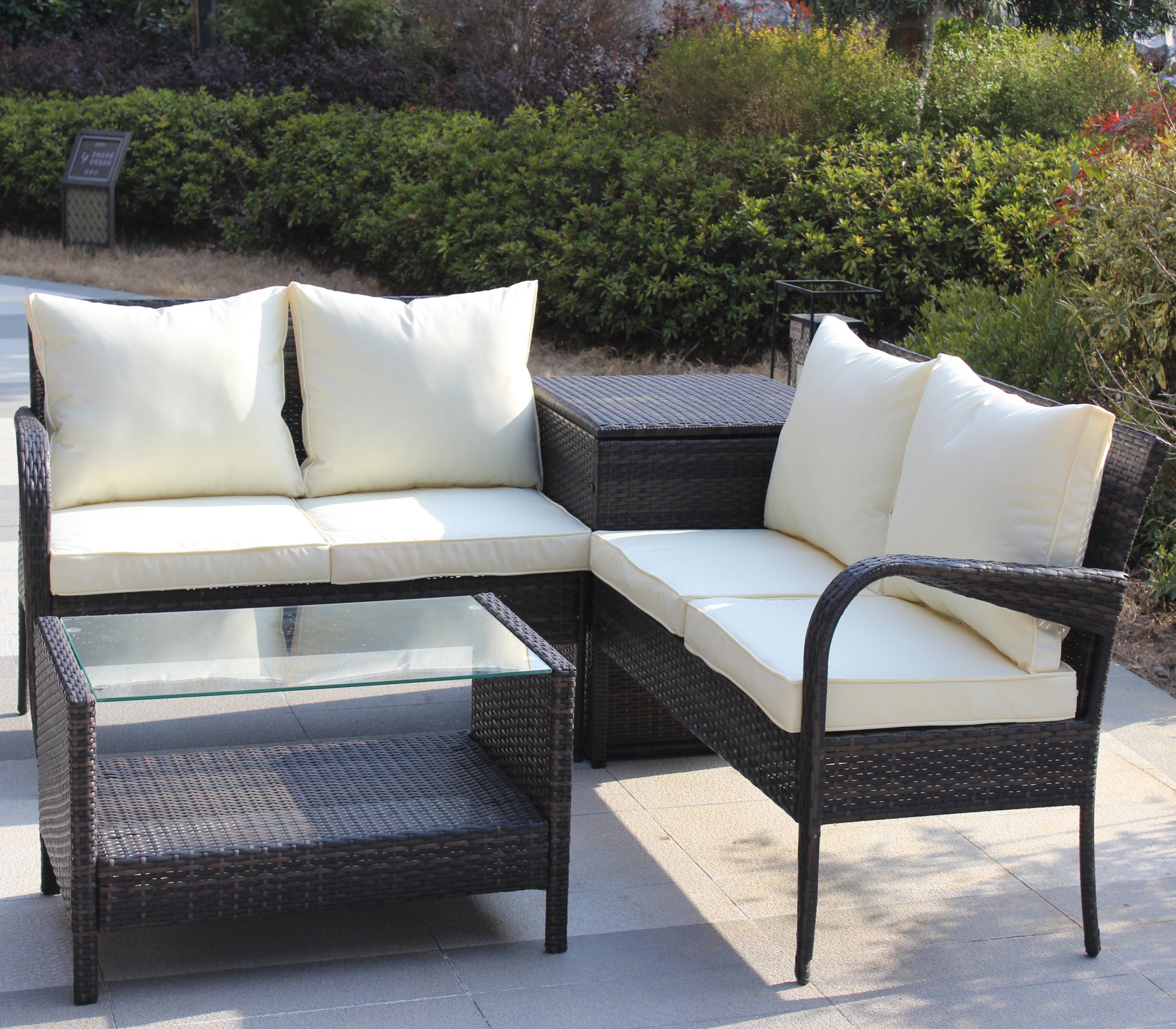4 Piece Patio Sectional Wicker Rattan Outdoor Furniture Sofa Set With Storage Box Brown Brown Iron