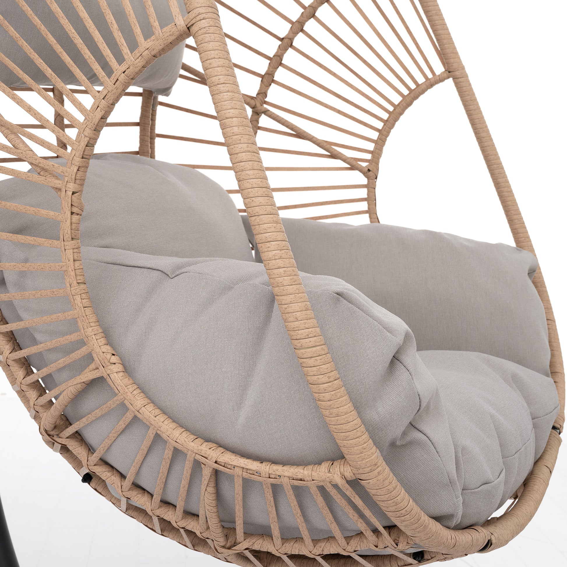 Outdoor Indoor Swing Egg Chair Natural Color Wicker With Beige Cushion Natural Wicker