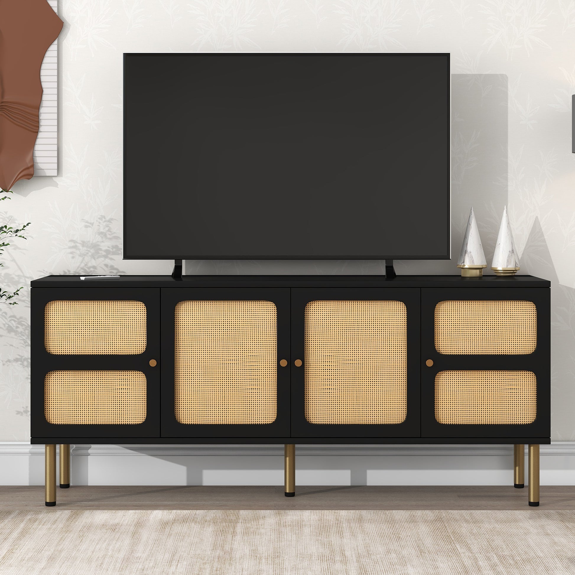 Boho Style Tv Stand With Rattan Door, Woven Media Console Table For Tvs Up To 70'', Country Style Design Side Board With Gold Metal Base For Living Room, Black. Black Mdf