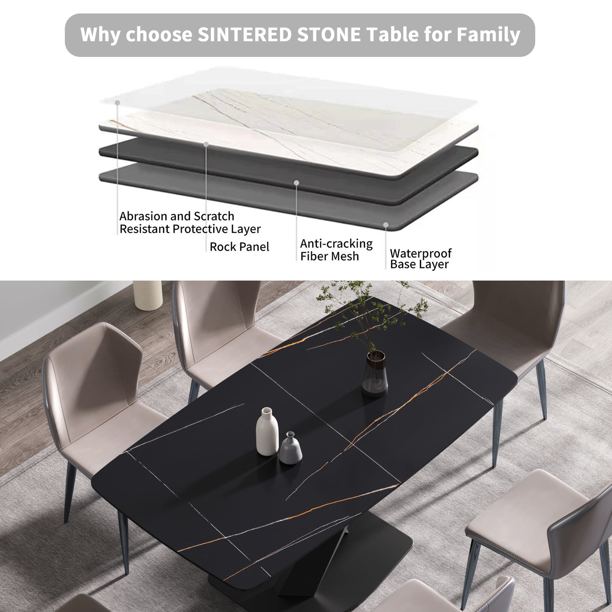 63"Modern Artificial Stone Black Curved Black Metal Leg Dining Table 6 People Black Metal Sintered Stone