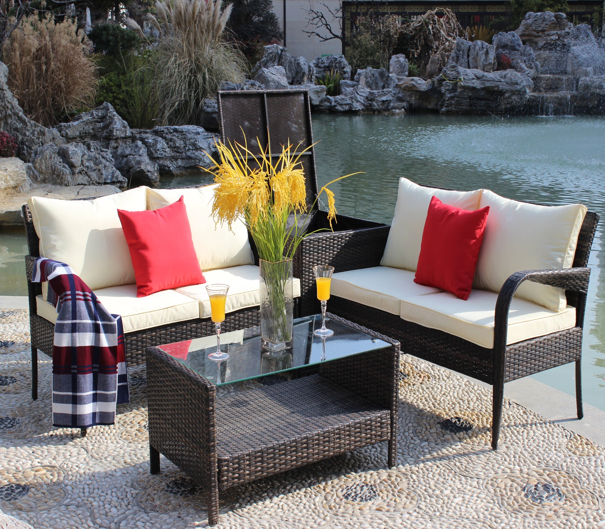 4 Piece Patio Sectional Wicker Rattan Outdoor Furniture Sofa Set With Storage Box Brown Brown Iron