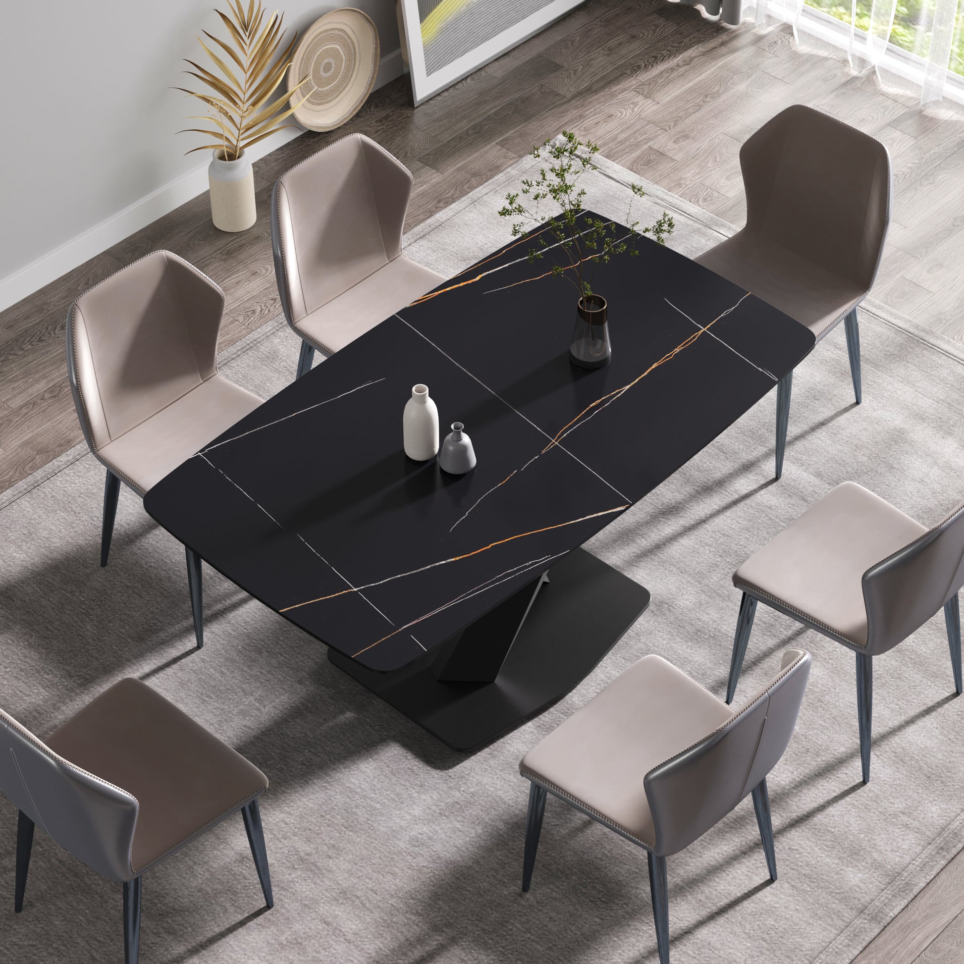 63"Modern Artificial Stone Black Curved Black Metal Leg Dining Table 6 People Black Metal Sintered Stone