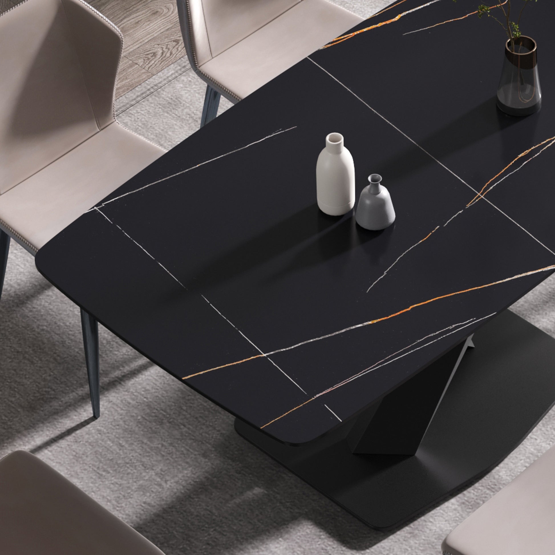 63"Modern Artificial Stone Black Curved Black Metal Leg Dining Table 6 People Black Metal Sintered Stone