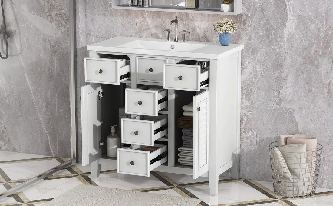 36" Bathroom Vanity With Ceramic Basin, Two Cabinets And Five Drawers, Solid Wood Frame, White Old Sku: Sy999202Aak White Solid Wood Mdf