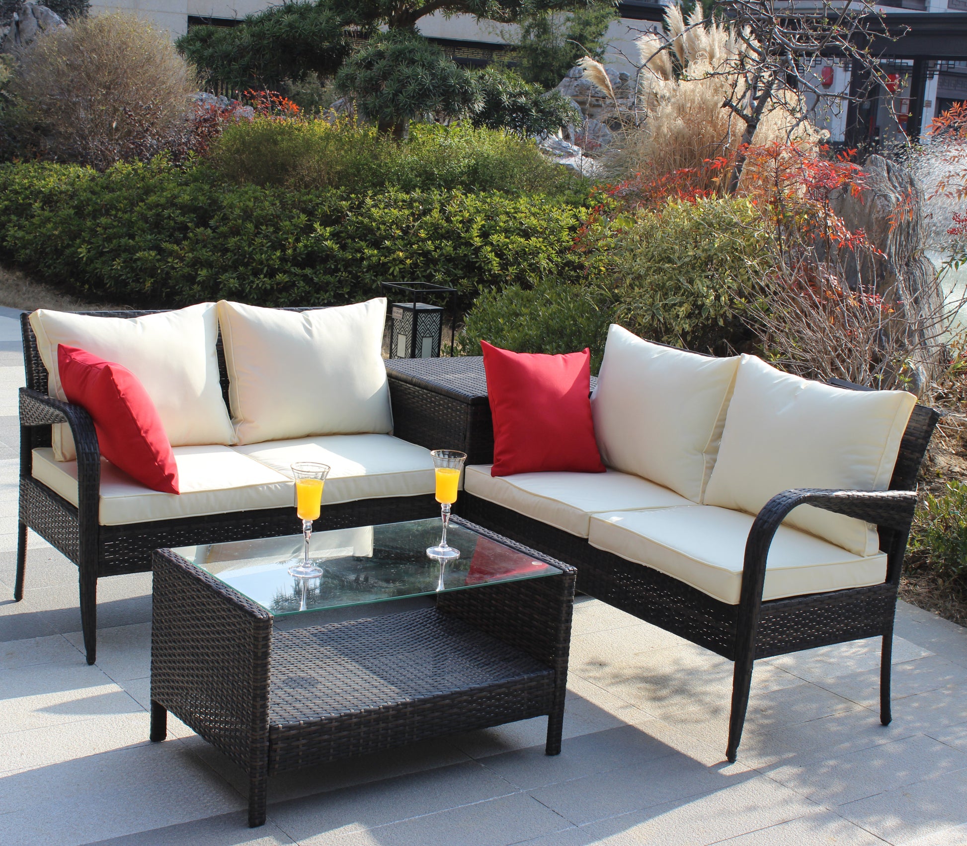 4 Piece Patio Sectional Wicker Rattan Outdoor Furniture Sofa Set With Storage Box Brown Brown Iron