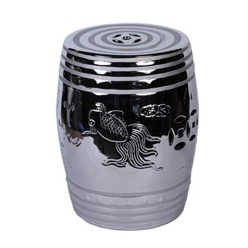 Silver End Table With Etched Asian Design Silver Ceramic