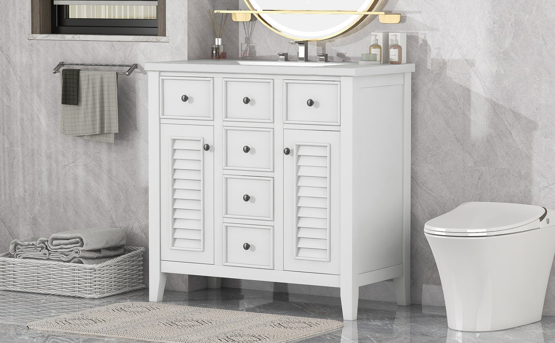 36" Bathroom Vanity With Ceramic Basin, Two Cabinets And Five Drawers, Solid Wood Frame, White Old Sku: Sy999202Aak White Solid Wood Mdf