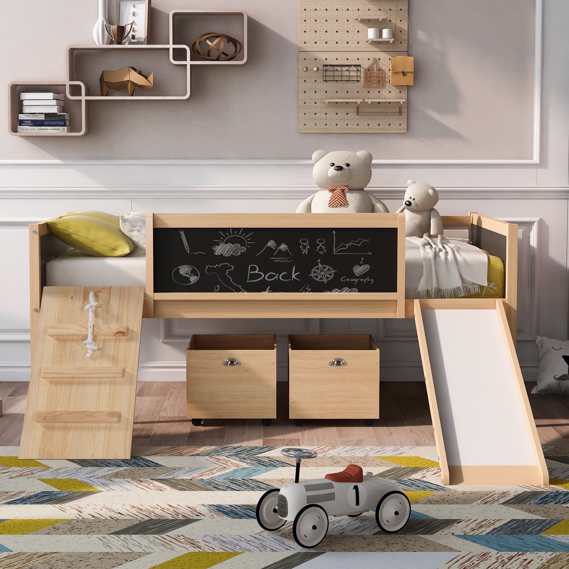 Twin Size Loft Bed Wood Bed With Two Storage Boxes Natrual Old Sku: Lp000075Aam Natural Solid Wood