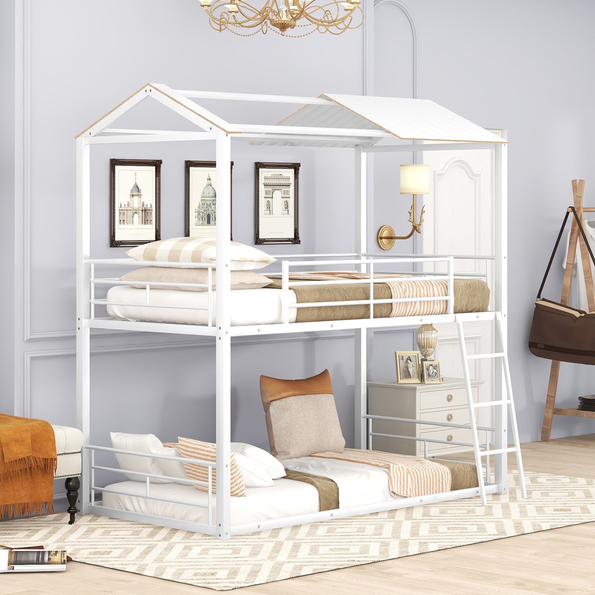 Twin Over Twin Bunk Bed Metal Bed With Half Roof, Guardrail And Ladder White White Metal