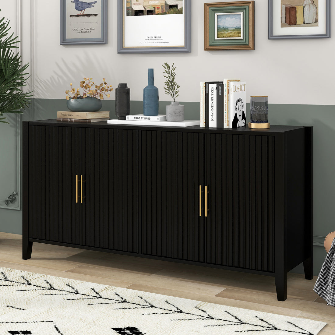 Accent Storage Cabinet Sideboard Wooden Cabinet With Metal Handles For Hallway, Entryway, Living Room Black Solid Wood Mdf