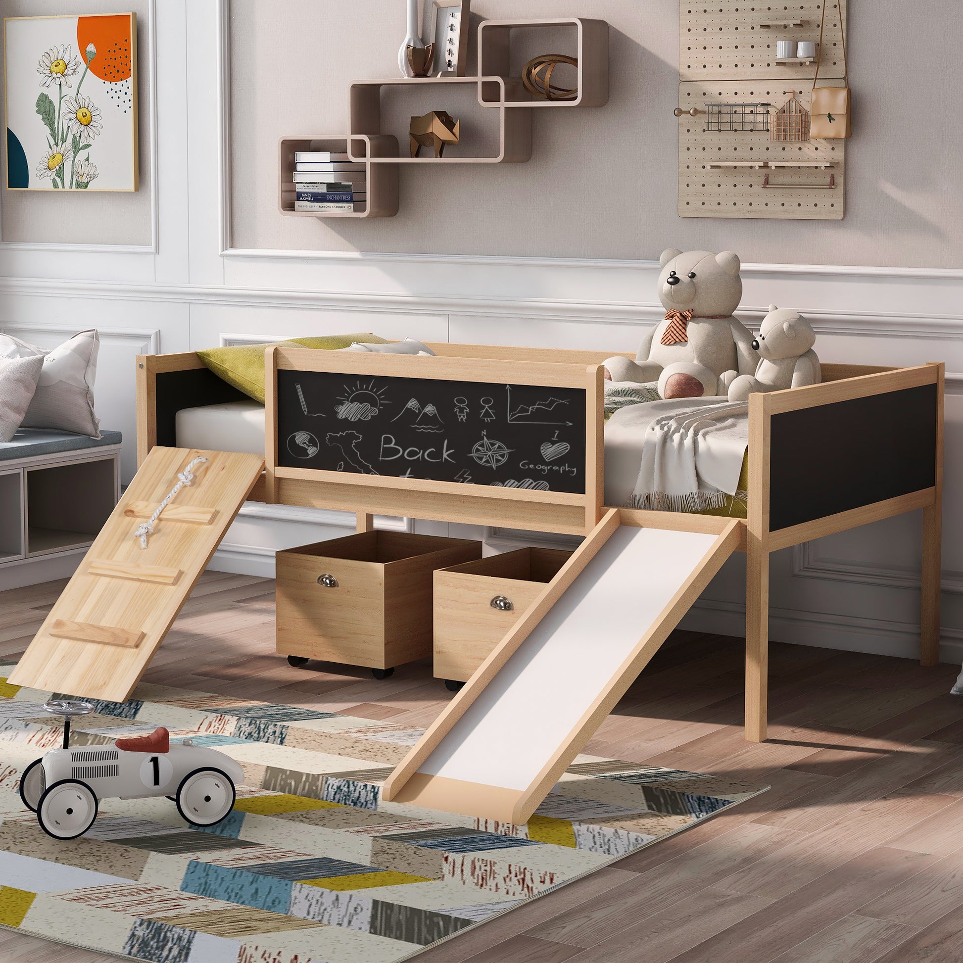 Twin Size Loft Bed Wood Bed With Two Storage Boxes Natrual Old Sku: Lp000075Aam Natural Solid Wood