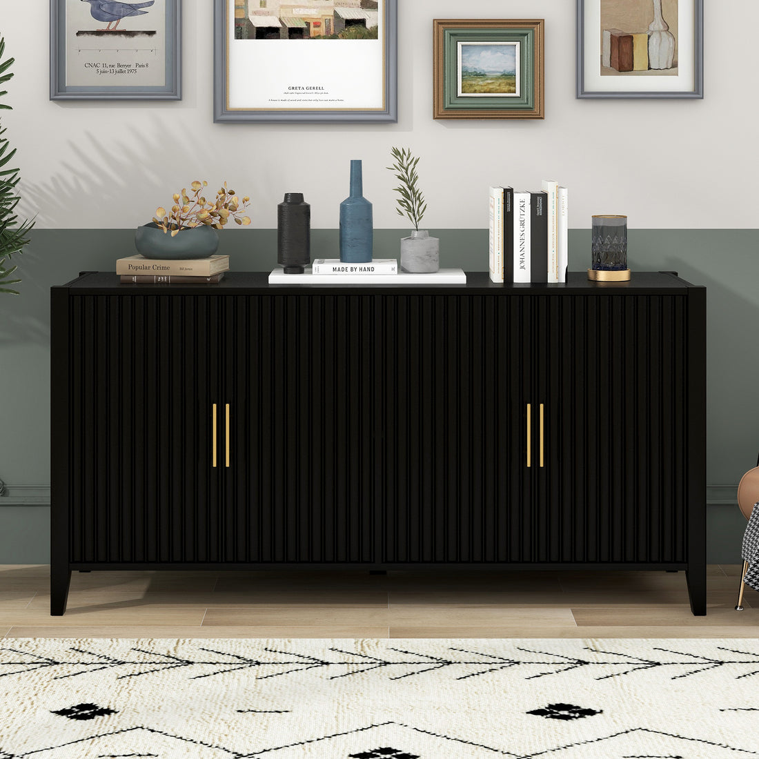 Accent Storage Cabinet Sideboard Wooden Cabinet With Metal Handles For Hallway, Entryway, Living Room Black Solid Wood Mdf