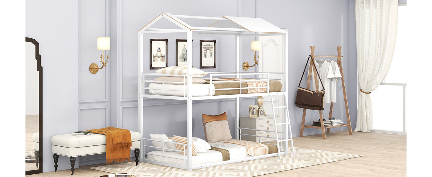 Twin Over Twin Bunk Bed Metal Bed With Half Roof, Guardrail And Ladder White White Metal