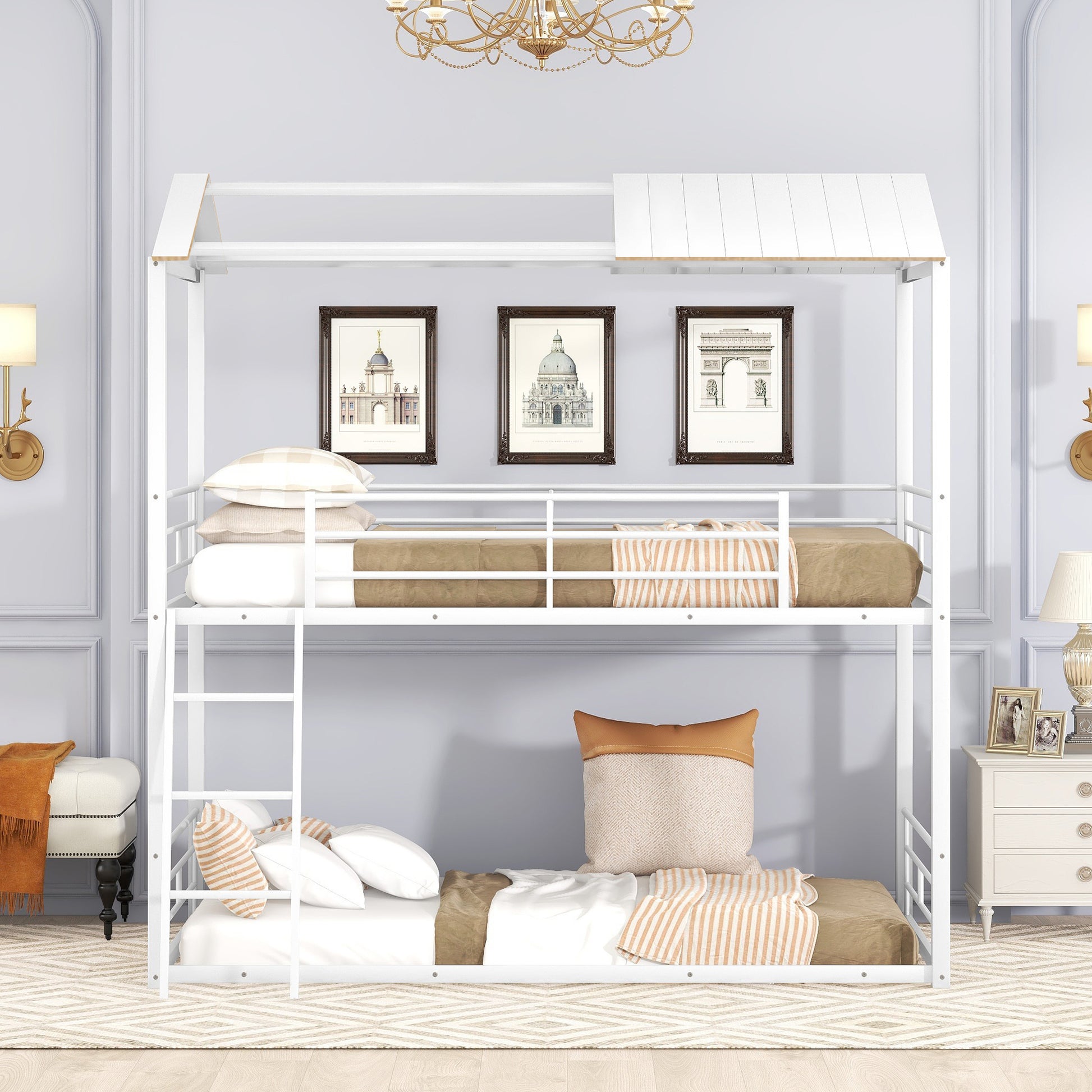 Twin Over Twin Bunk Bed Metal Bed With Half Roof, Guardrail And Ladder White White Metal