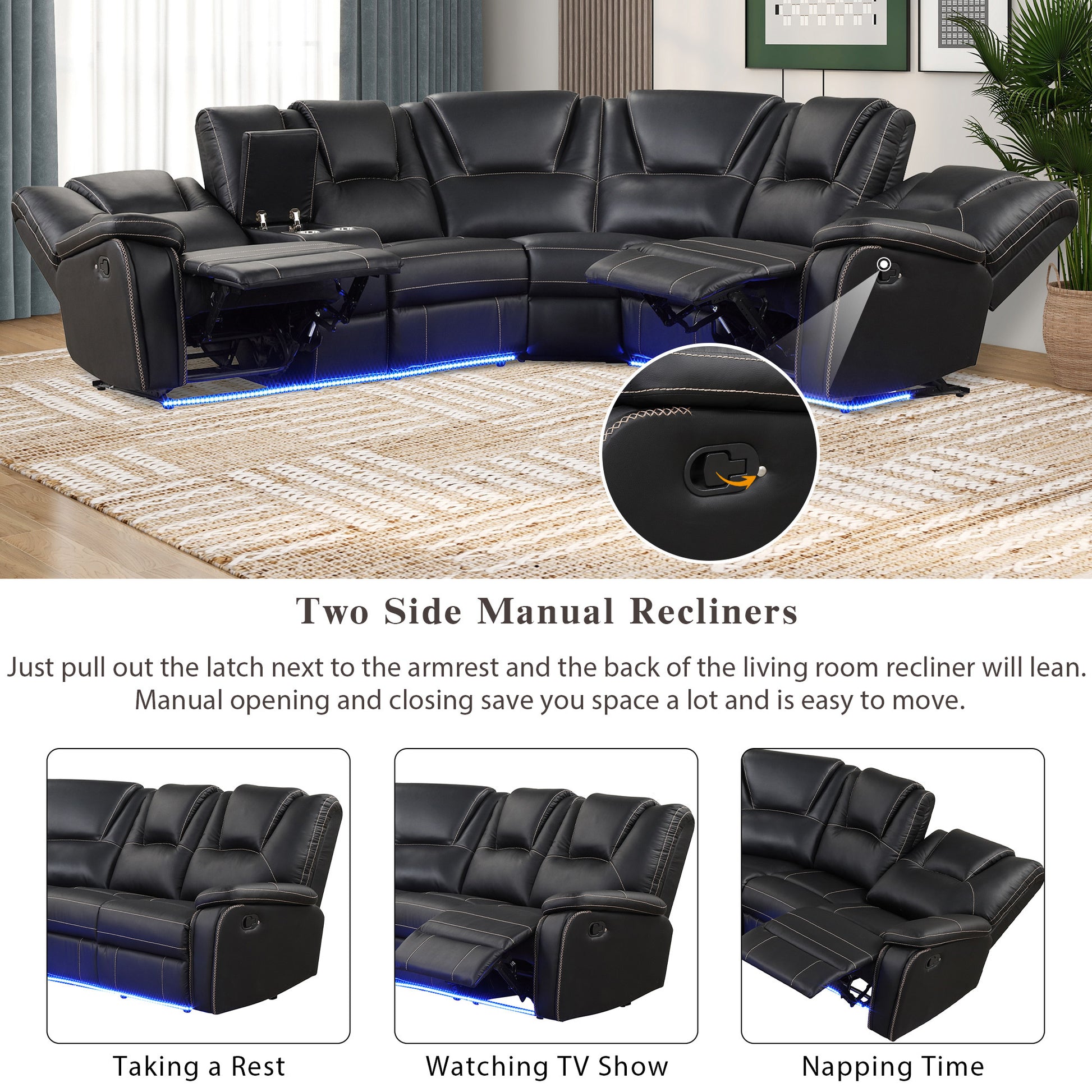 Modern Faux Leather Manual Reclining With Center Console With Led Light Strip,Living Room Furniture Set,Pu Symmetrical Couch With 2 Cup Holders And Storage For Living Room,Black Black Foam Pu Leather 6 Seat