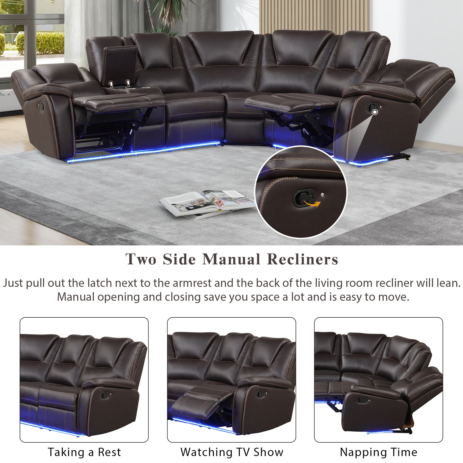 Modern Faux Leather Manual Reclining With Center Console And Led Light Strip,Living Room Furniture Set,Pu Symmetrical Couch With 2 Cup Holders And Storage For Living Room,Brown Brown Foam Pu Leather