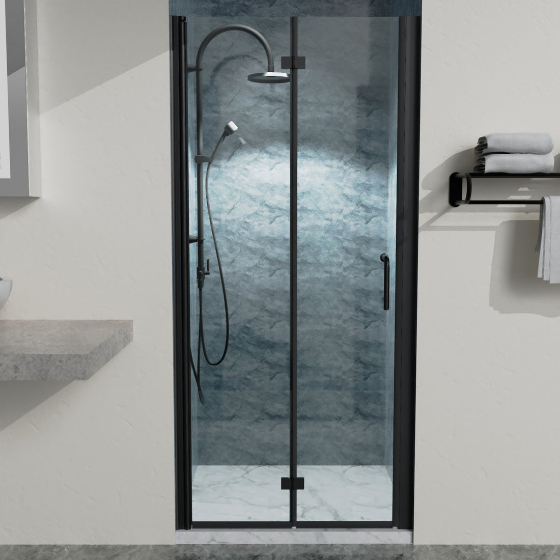 34 To 35 3 8 In. W X 72 In. H Bi Fold Semi Frameless Shower Doors In Matte Black With Clear Glass Black Aluminium