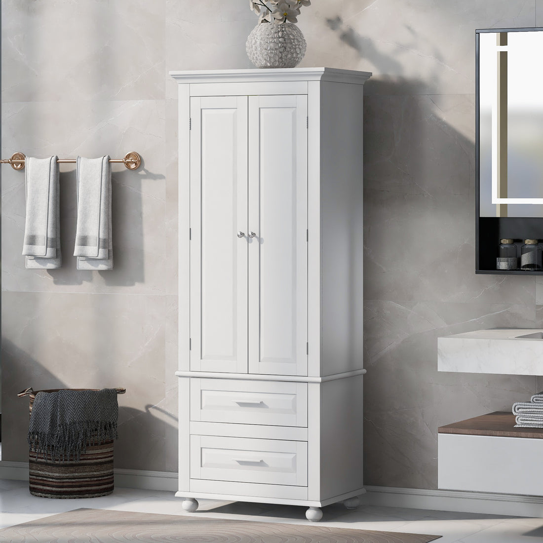 Tall Storage Cabinet With Two Drawers For Bathroom Office, White White Mdf