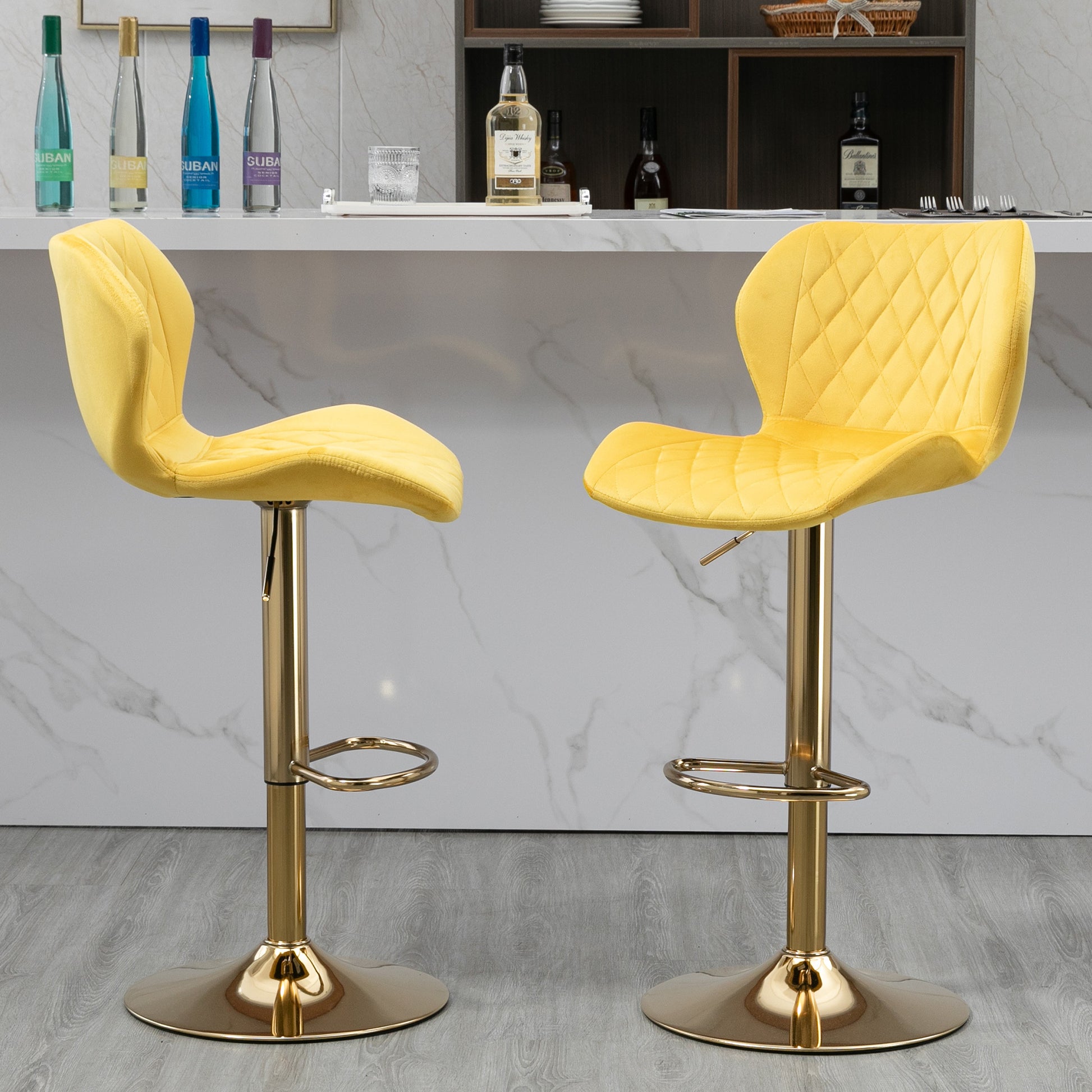 Yellow Velvet Adjustable Swivel Bar Stools Set Of 2 Modern Counter Height Barstools With Golden Color Base Yellow Kitchen Modern Foam Velvet