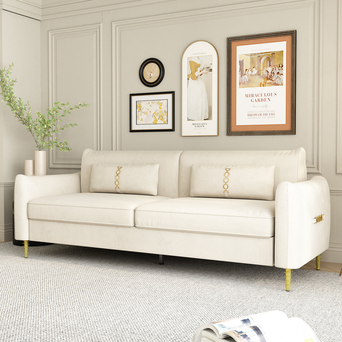 Fx P19 Be Sofa Beige Modern Velvet Couch With Gold Legs 85.83Inch With Pillows Beige Velvet 2 Seat