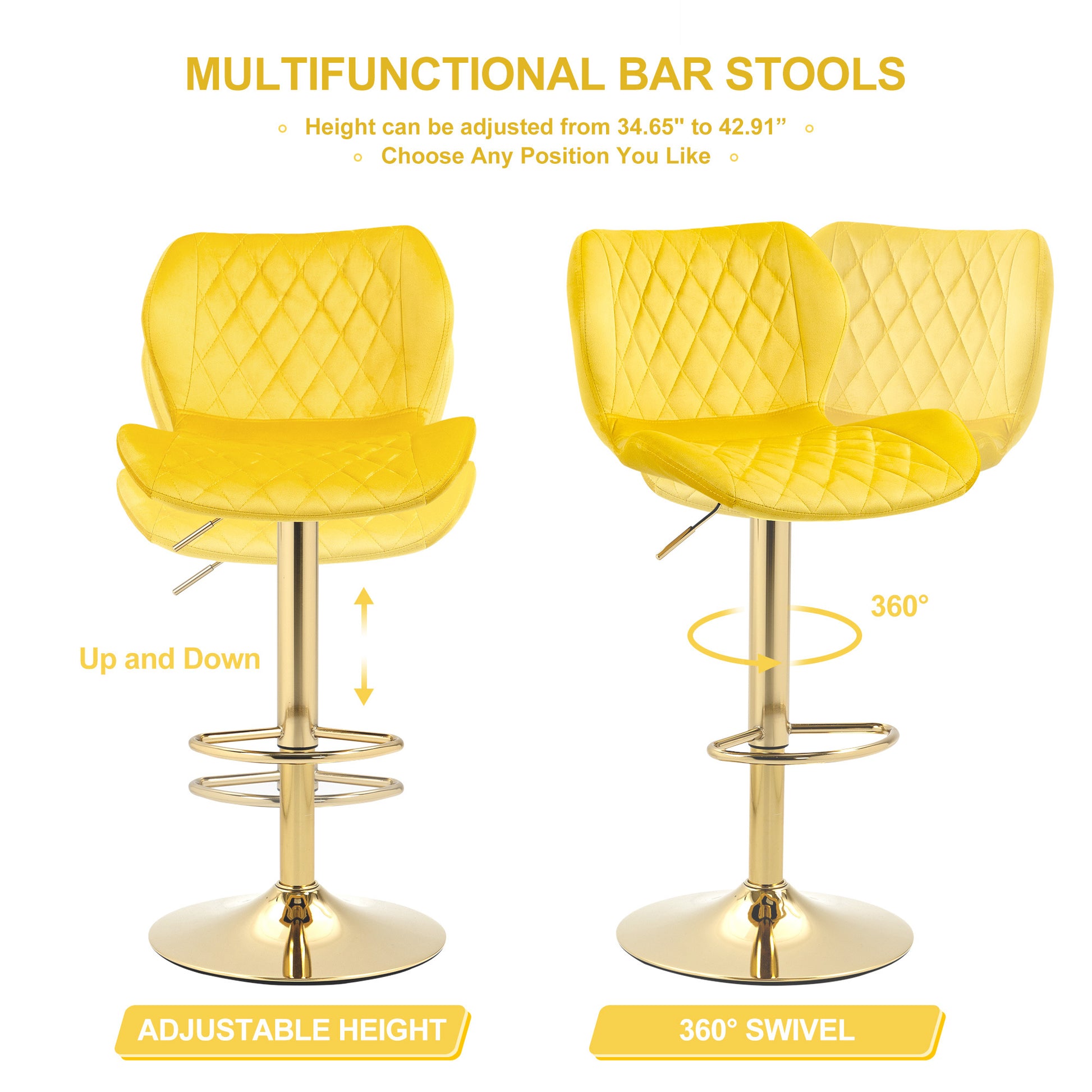 Yellow Velvet Adjustable Swivel Bar Stools Set Of 2 Modern Counter Height Barstools With Golden Color Base Yellow Kitchen Modern Foam Velvet
