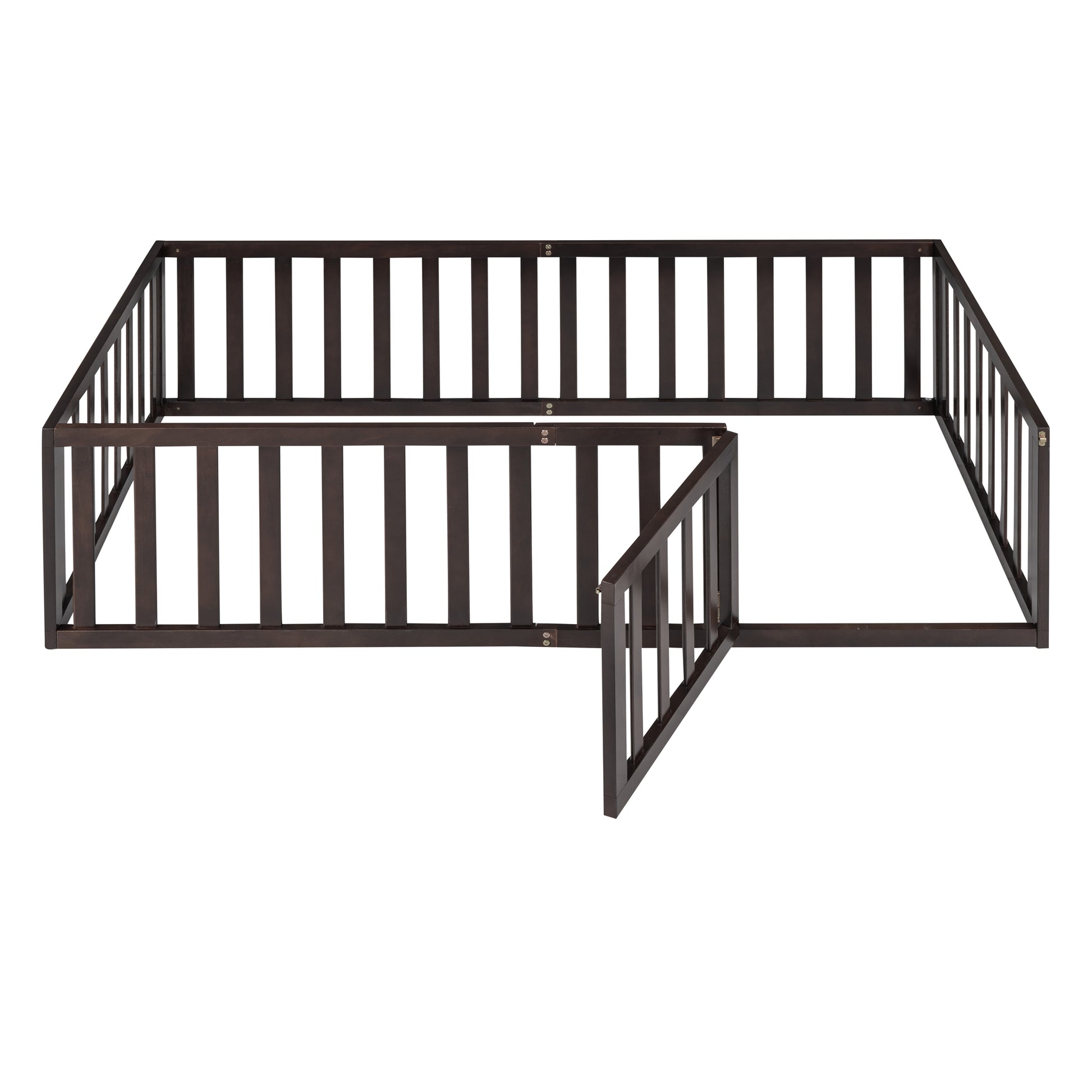 Twin Size Wood Floor Bed Frame With Fence And Door, Walnut Old Sku :Wf289661Aal Twin Walnut Solid Wood