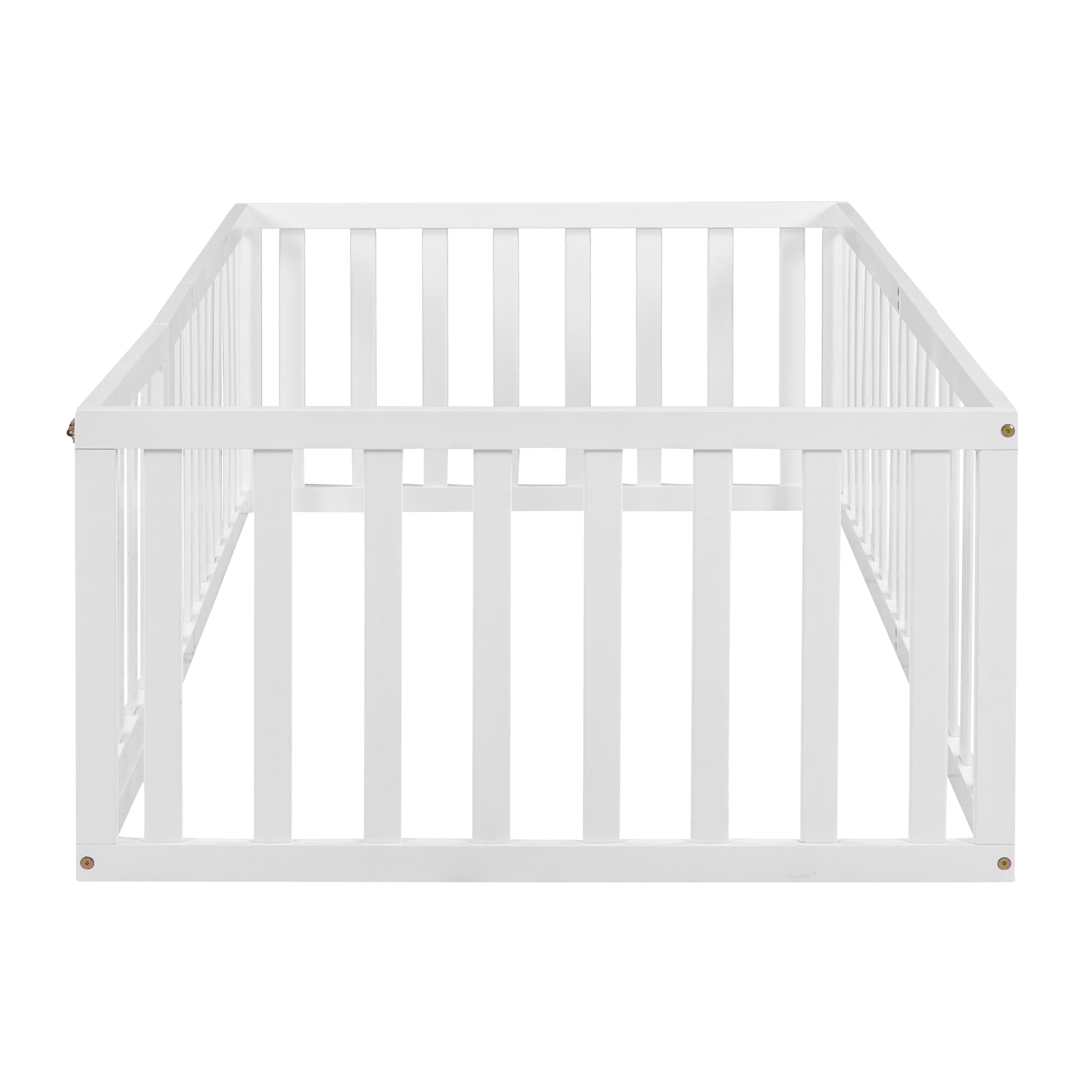 Twin Size Wood Floor Bed Frame With Fence And Door, White Old Sku :Wf289661Aak Twin White Solid Wood