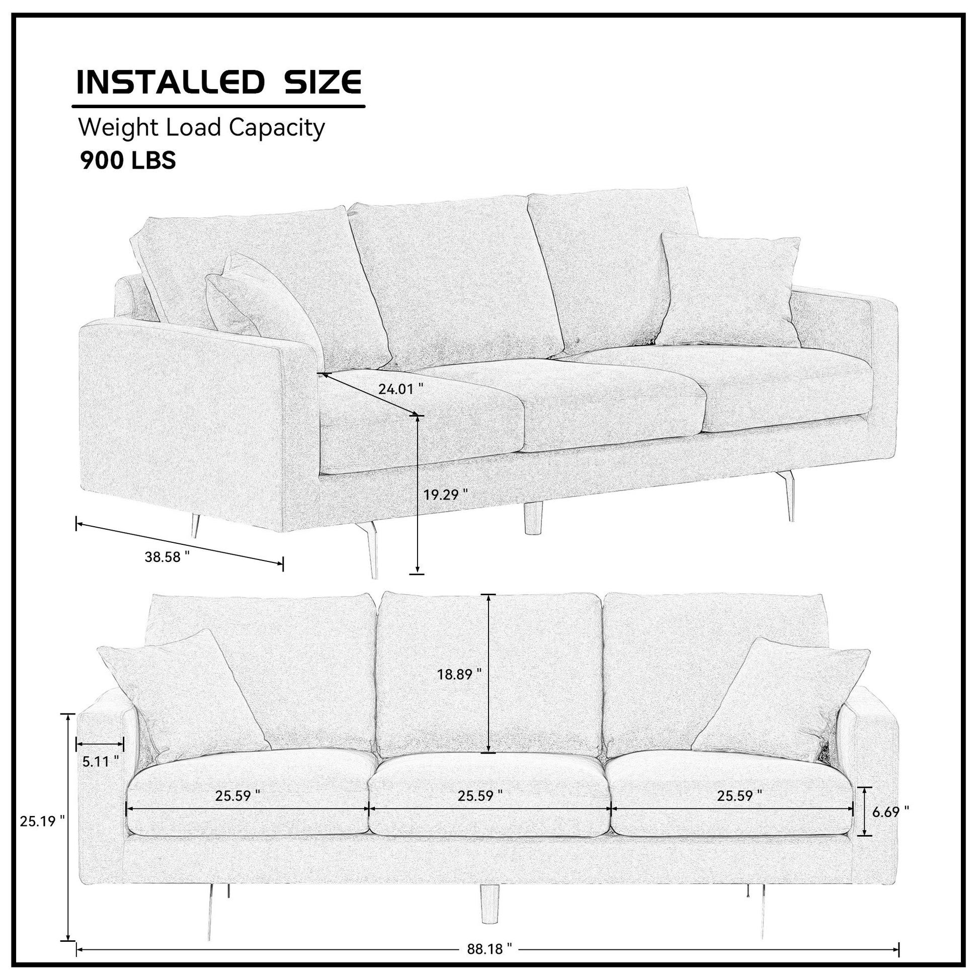 Modern Grey Three Seat Sofa With Thick Sponge And Two Pillows, 87.40Inch Dark Gray Fabric