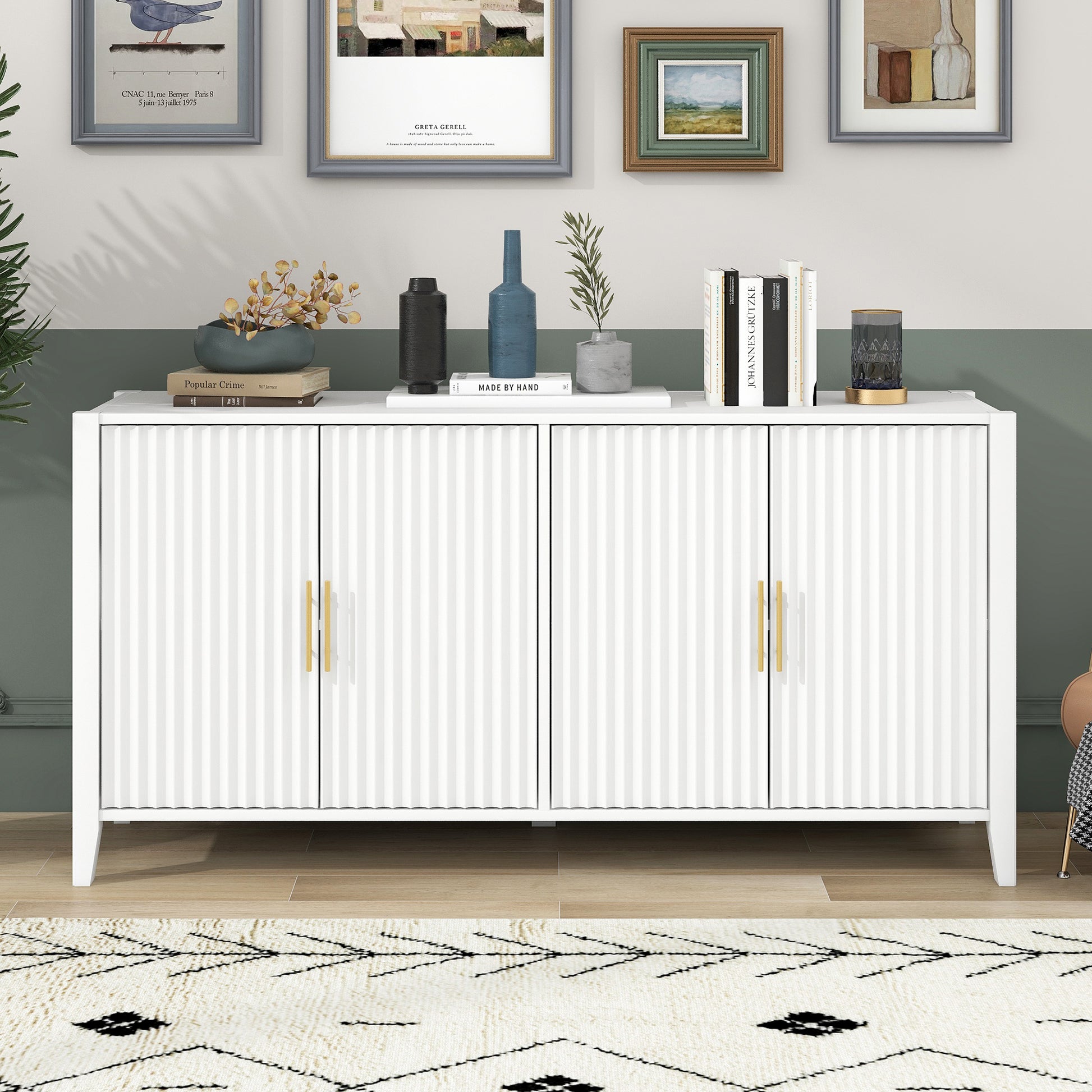 Accent Storage Cabinet Sideboard Wooden Cabinet With Metal Handles For Hallway, Entryway, Living Room White Solid Wood Mdf