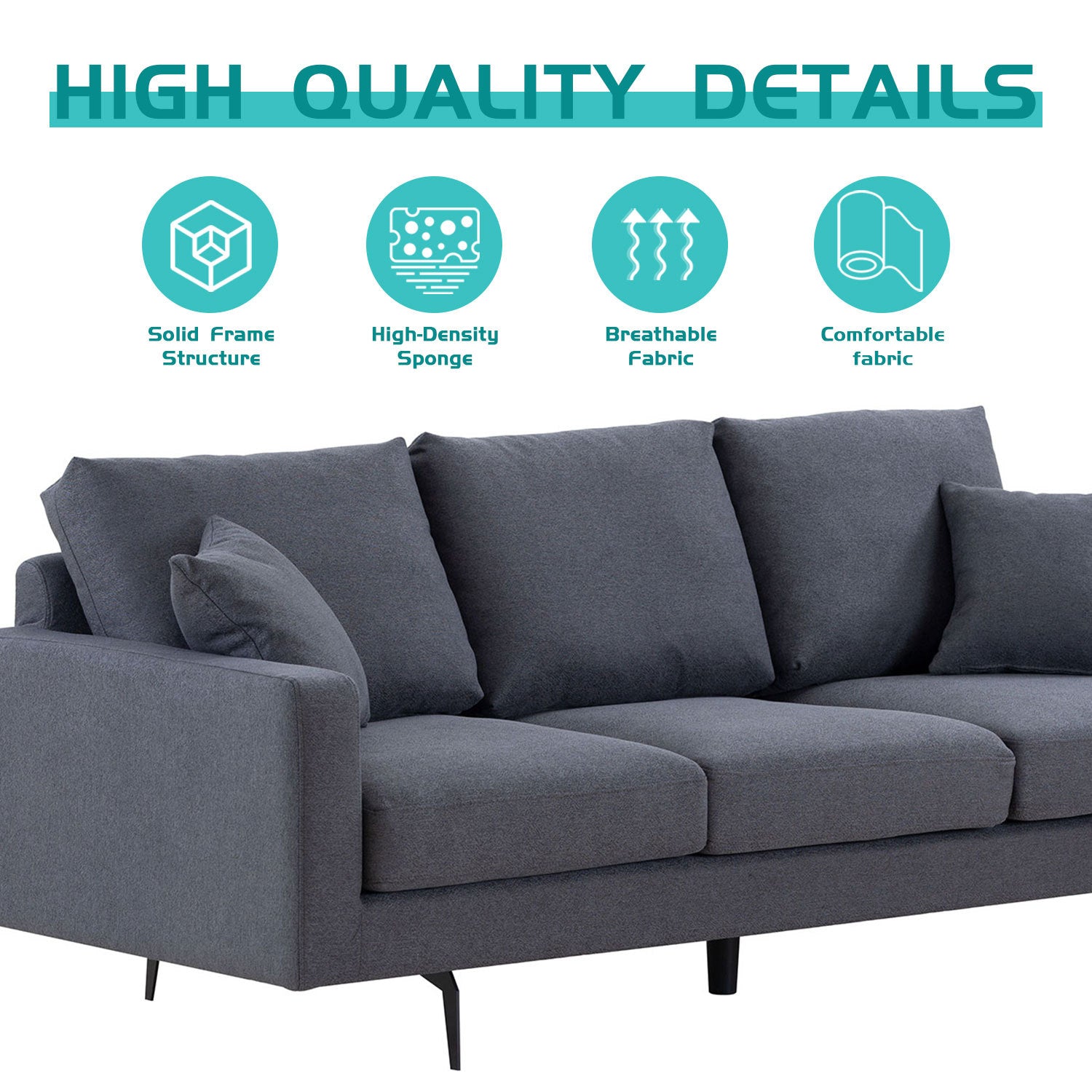 Modern Grey Three Seat Sofa With Thick Sponge And Two Pillows, 87.40Inch Dark Gray Fabric