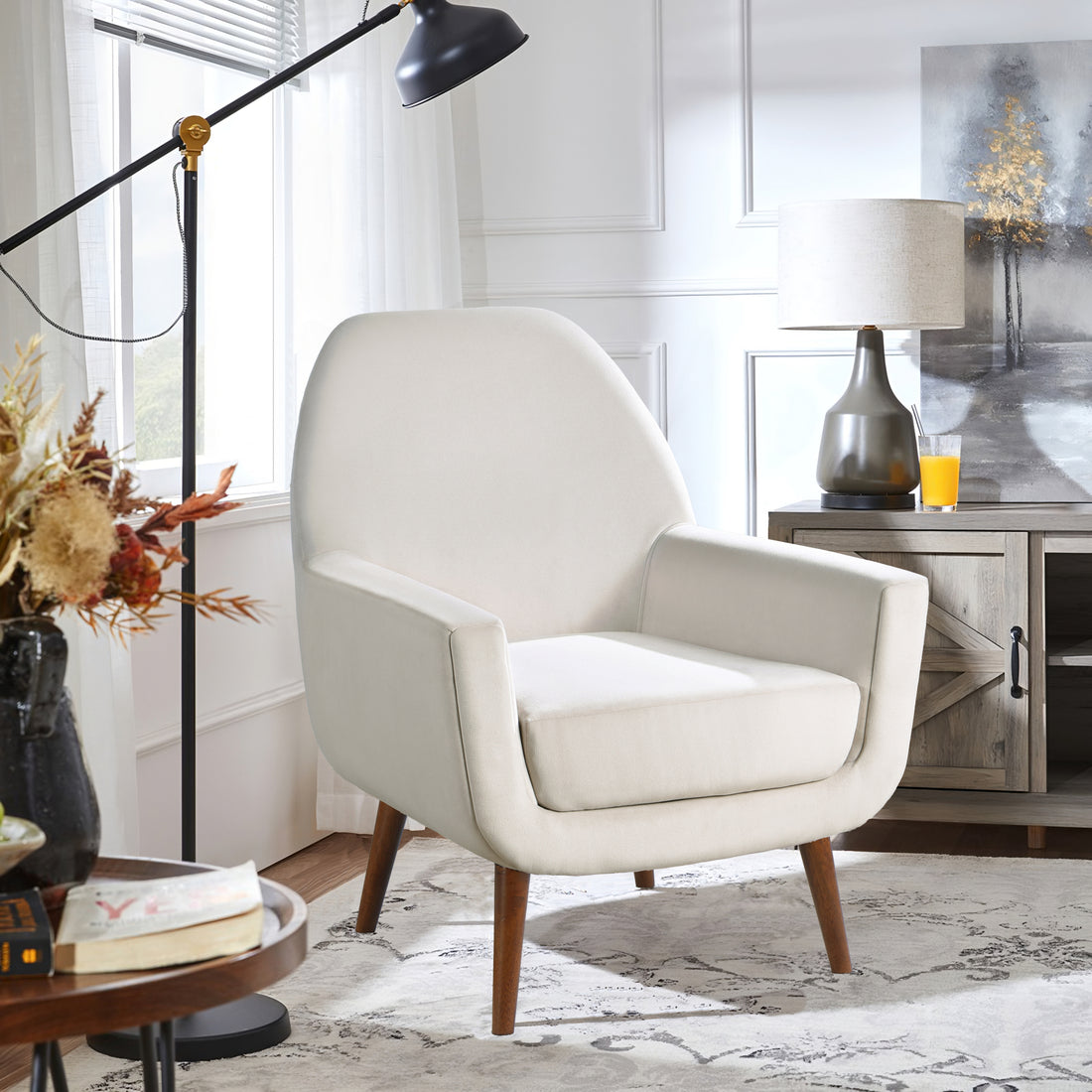 Astrid Mid Century Sea Oat Velvet Arm Chair Beige Foam Velvet