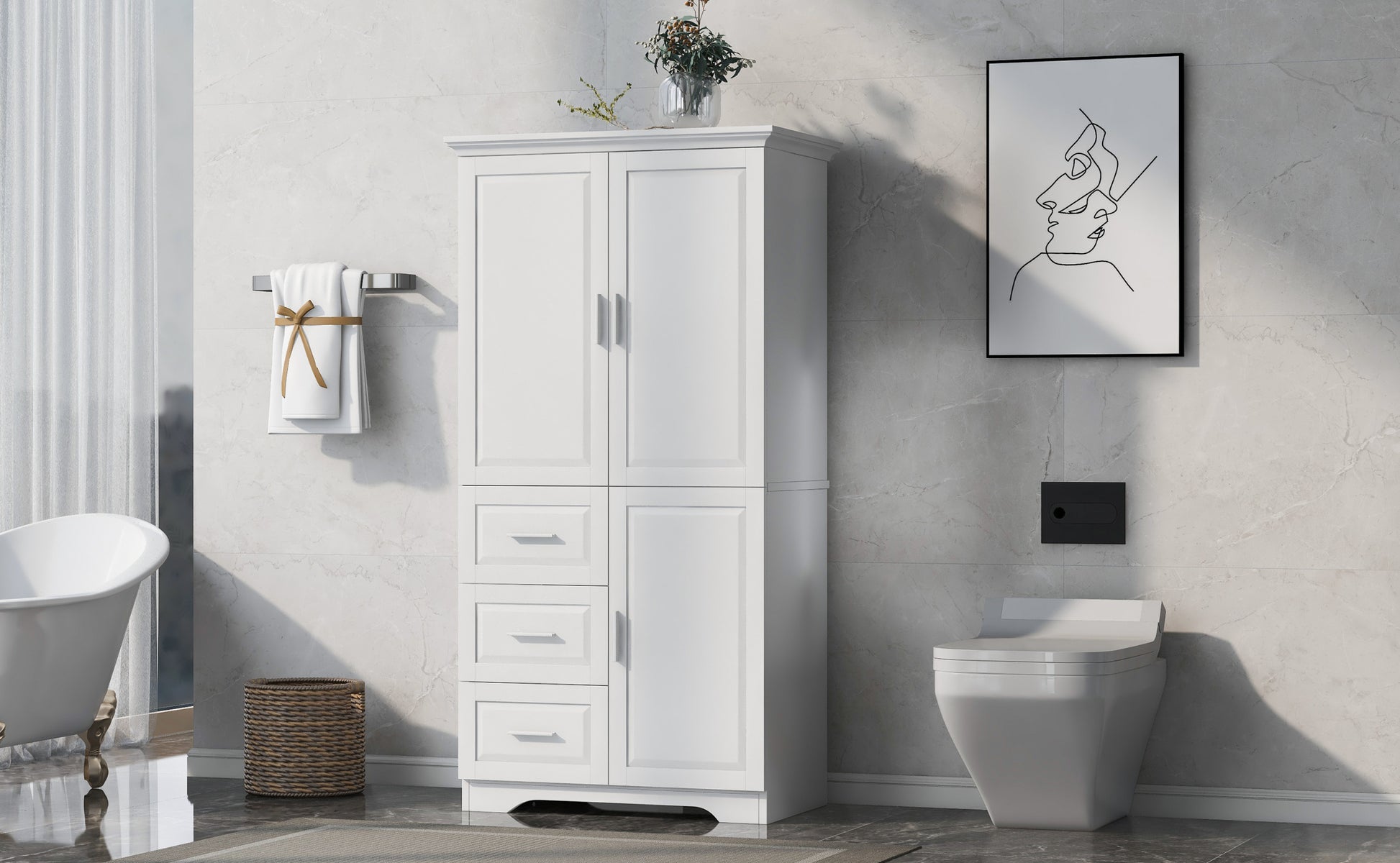 Tall And Wide Storage Cabinet With Doors For Bathroom Office, Three Drawers, White White Mdf