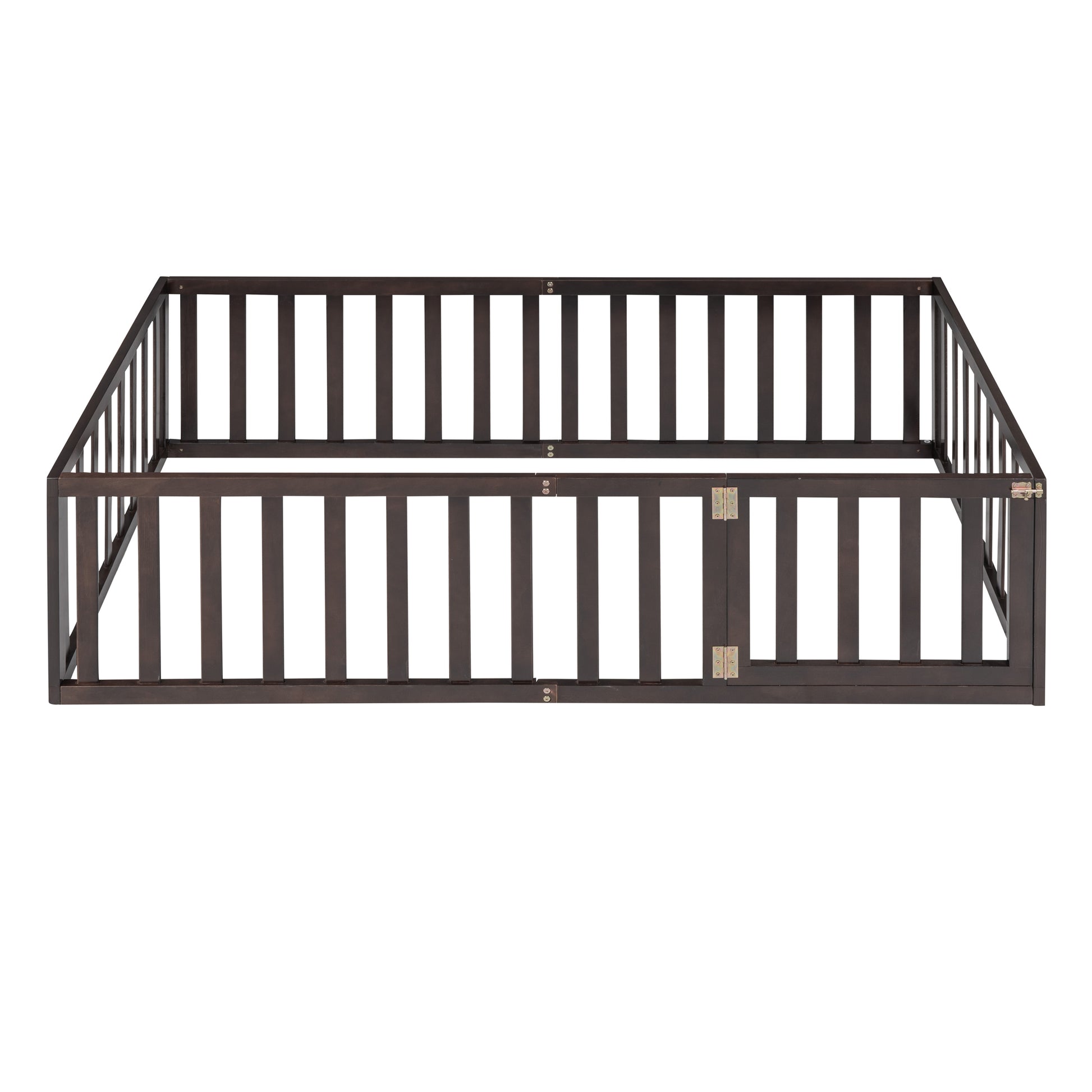 Twin Size Wood Floor Bed Frame With Fence And Door, Walnut Old Sku :Wf289661Aal Twin Walnut Solid Wood