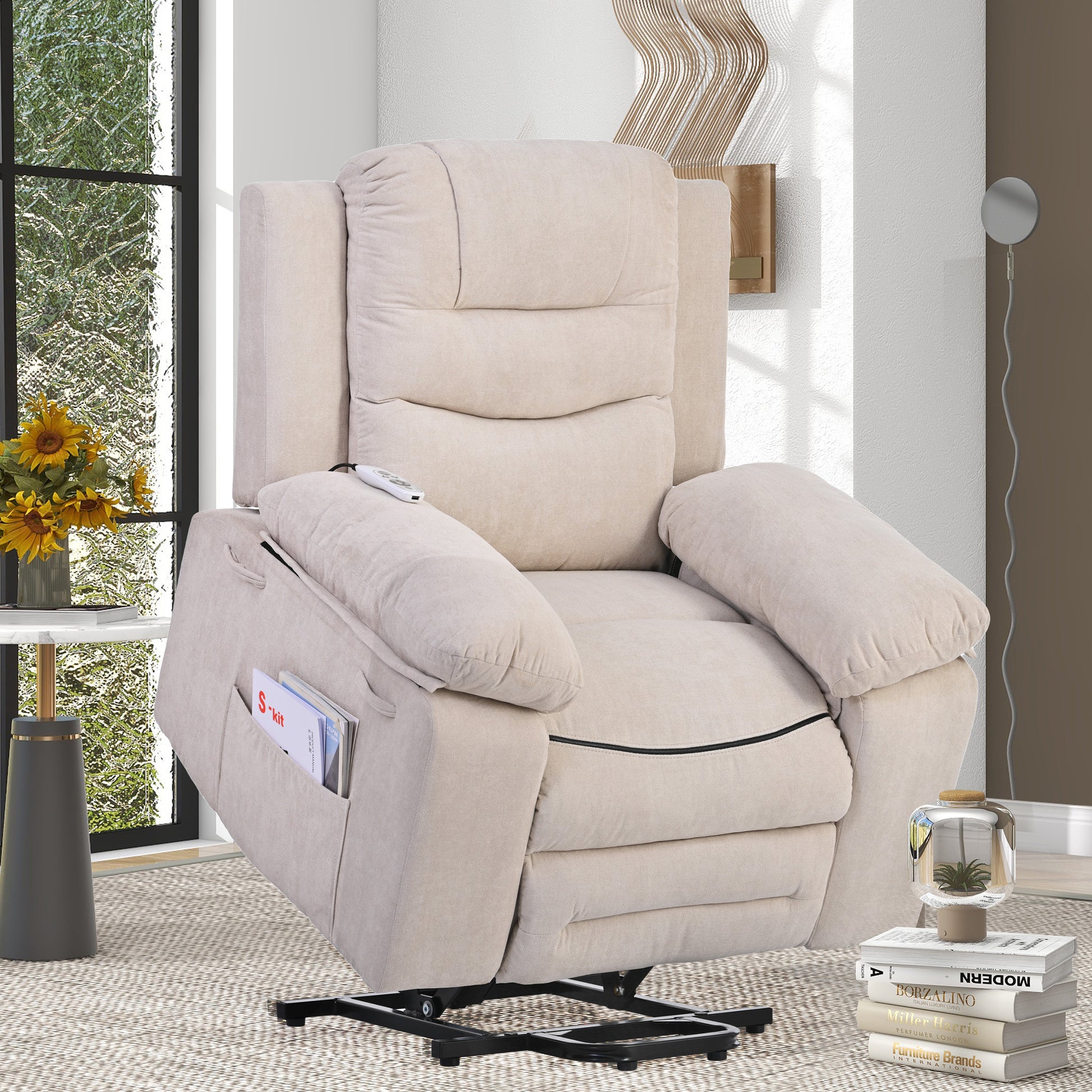 Massage Recliner,Power Lift Chair For Elderly With Adjustable Massage And Heating Function,Recliner Chair With Infinite Position And Side Pocket For Living Room ,Beige Beige Foam Linen