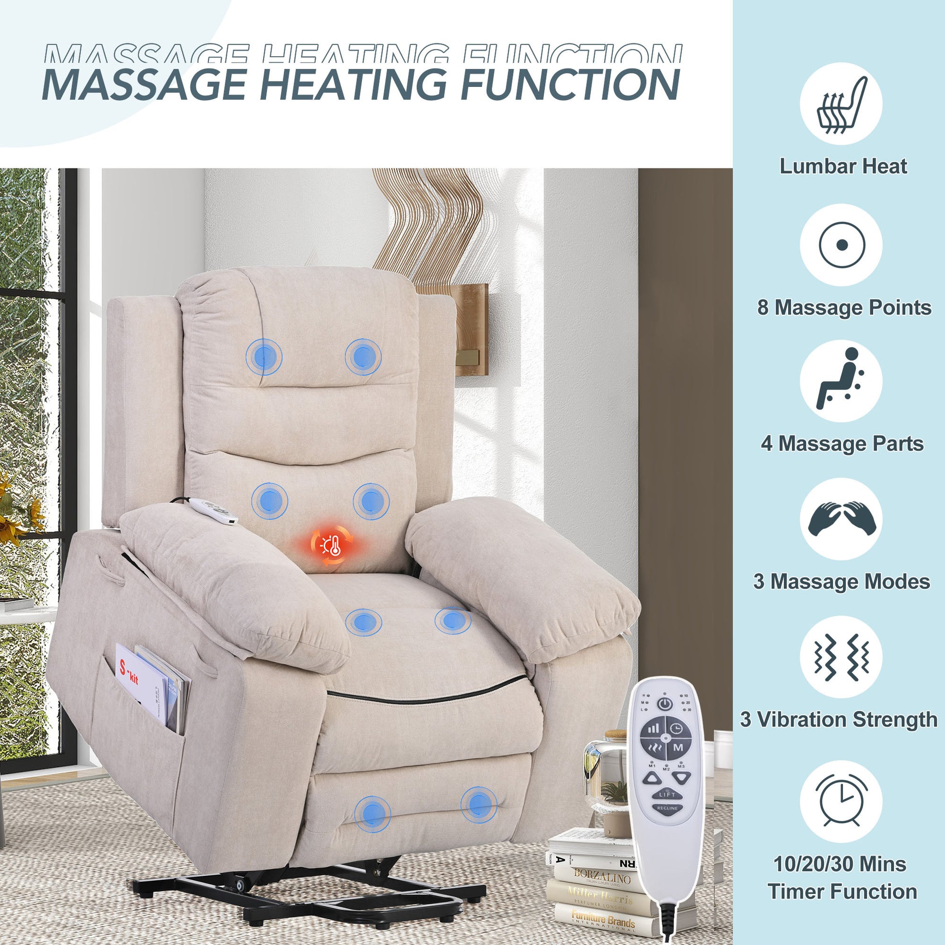 Massage Recliner,Power Lift Chair For Elderly With Adjustable Massage And Heating Function,Recliner Chair With Infinite Position And Side Pocket For Living Room ,Beige Beige Foam Linen