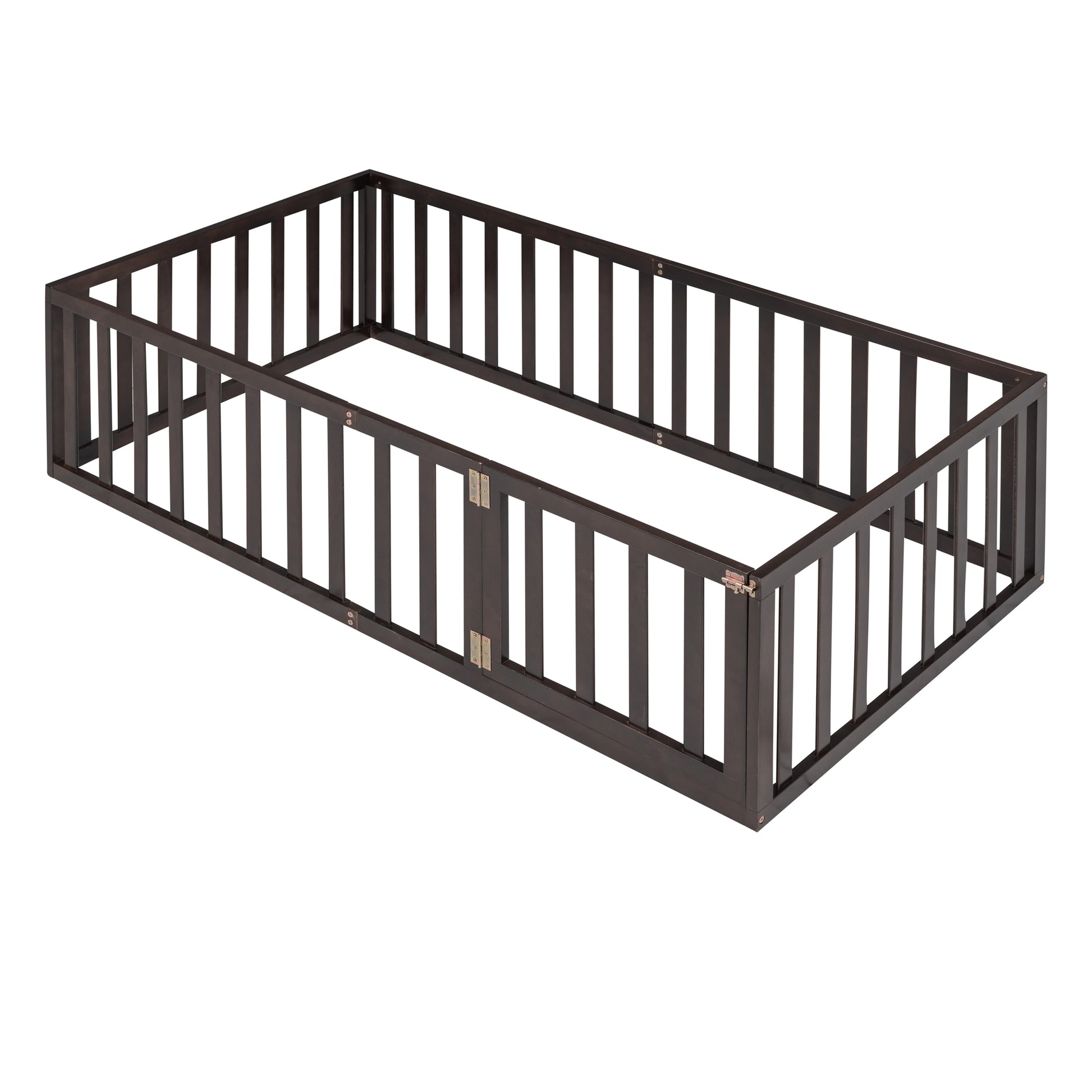 Twin Size Wood Floor Bed Frame With Fence And Door, Walnut Old Sku :Wf289661Aal Twin Walnut Solid Wood