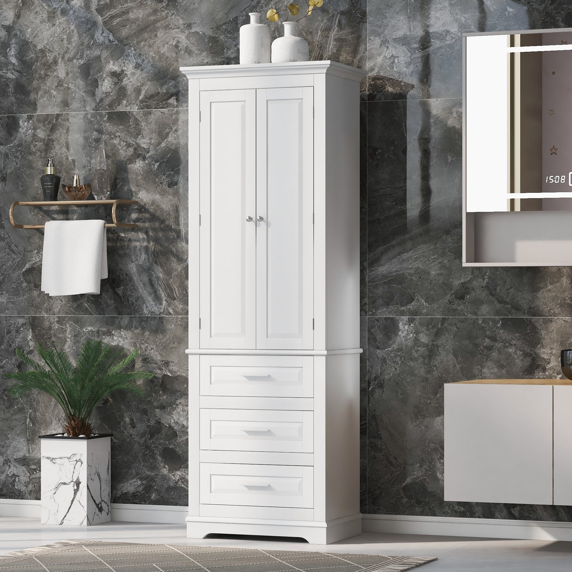 Tall Storage Cabinet With Three Drawers For Bathroom Office, White White Mdf