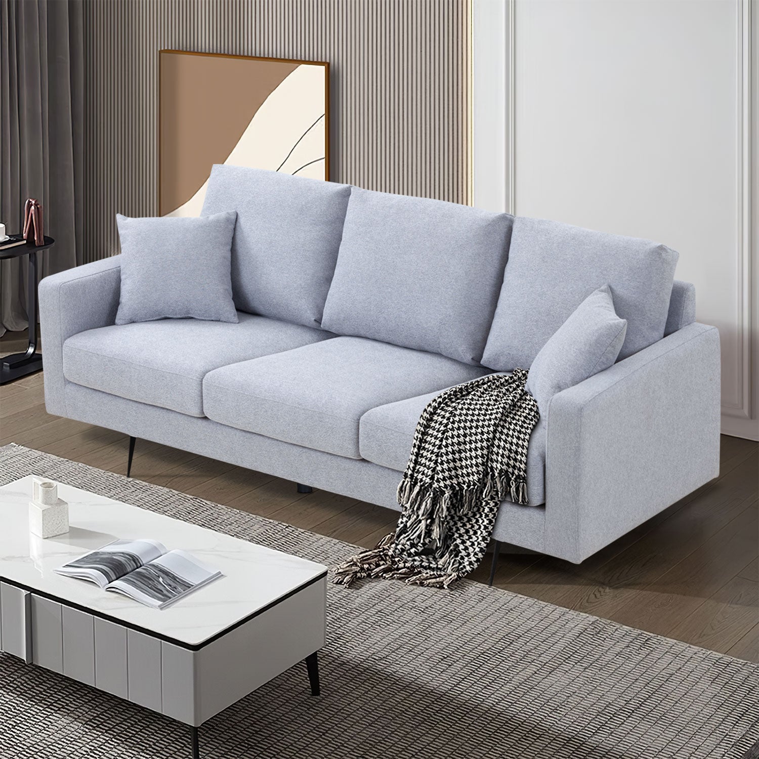 Modern Three Seat Sofa Couch With 2 Pillows, Light Grey Perfect For Every Occasion Light Grey Fabric