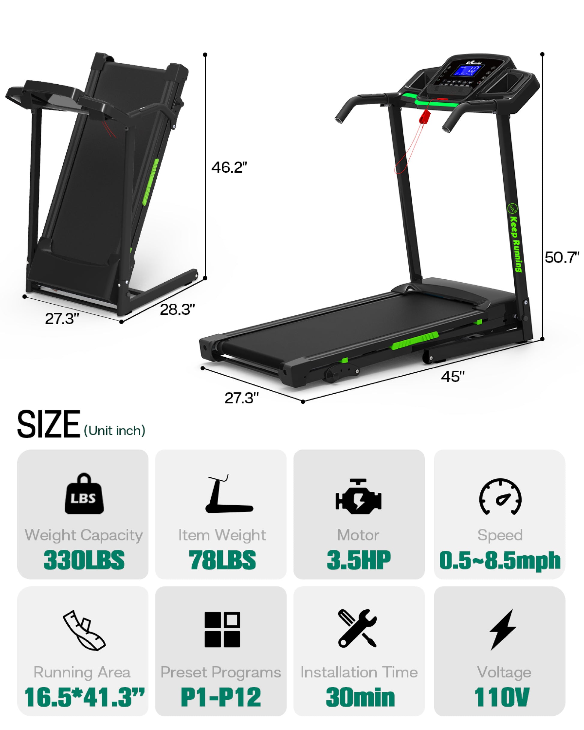 Foldable Treadmill With Incline, Folding Treadmill For Home Electric Treadmill Workout Running Machine, Handrail Controls Speed, Pulse Monitor,App Black Stainless Steel