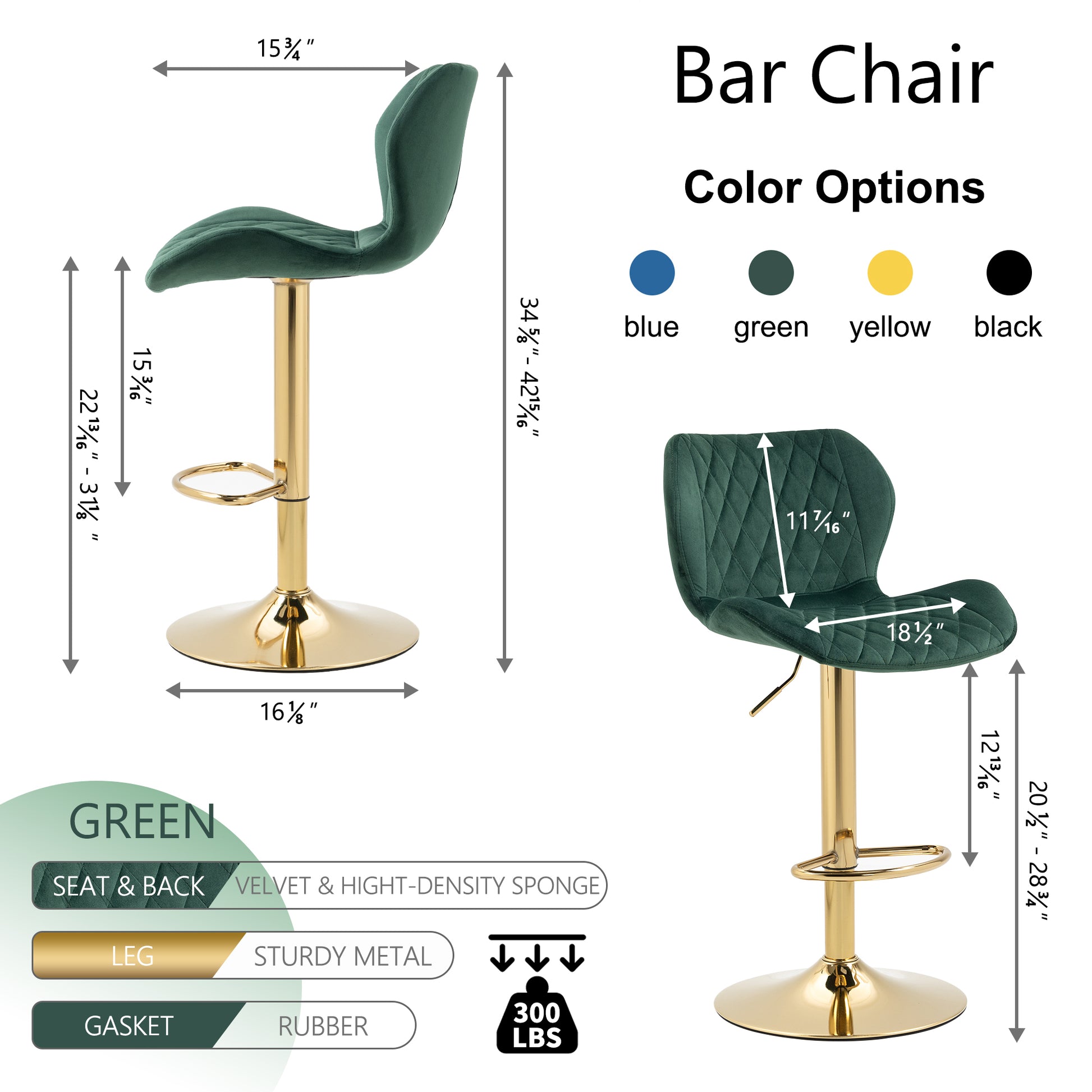 Green Velvet Adjustable Swivel Bar Stools Set Of 2 Modern Counter Height Barstools With Golden Color Base Green Kitchen Modern Foam Velvet