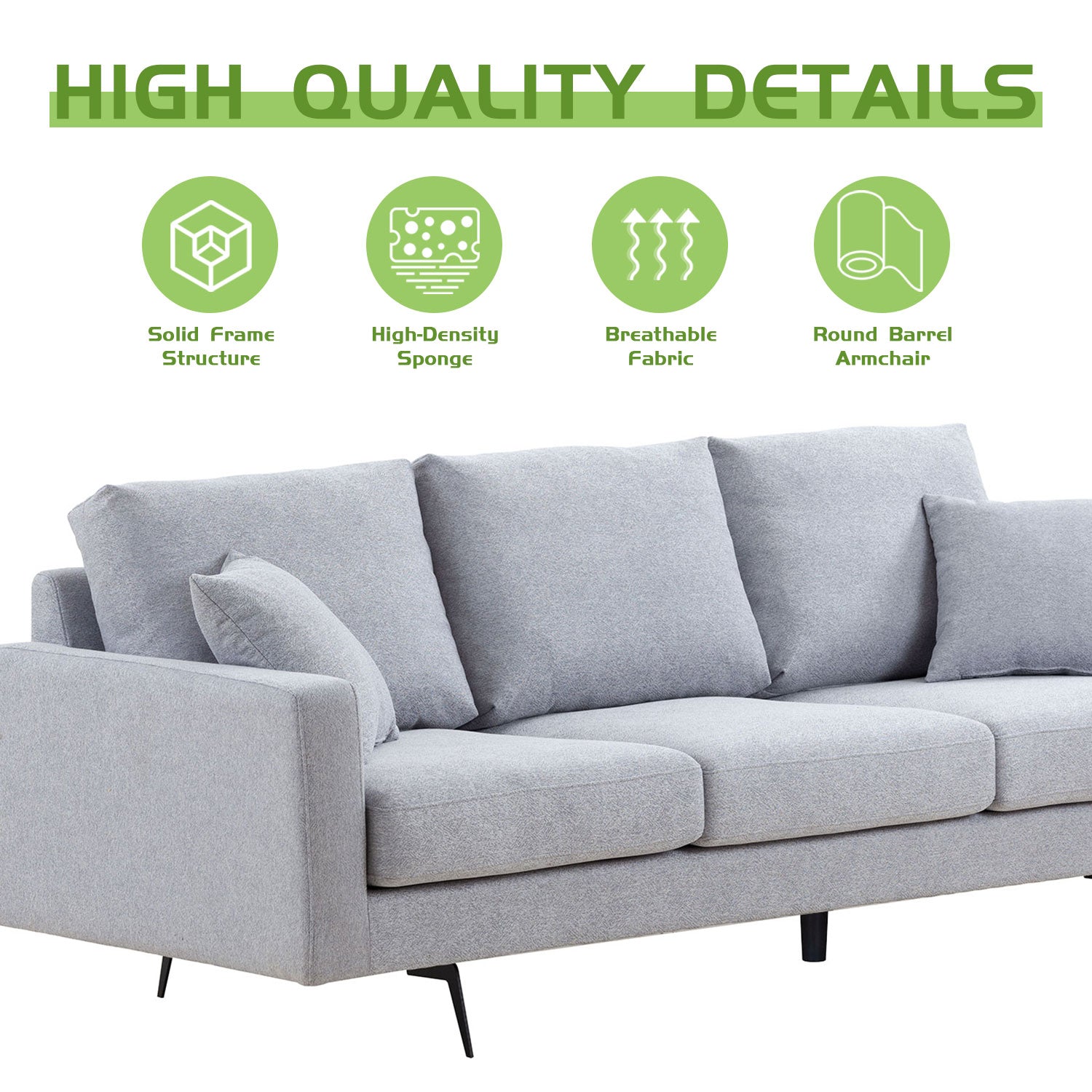 Modern Three Seat Sofa Couch With 2 Pillows, Light Grey Perfect For Every Occasion Light Grey Fabric