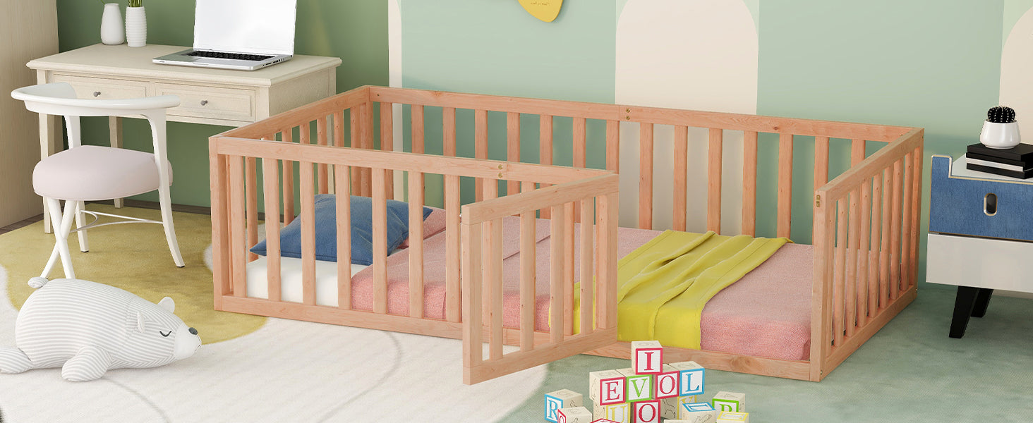 Twin Size Wood Floor Bed Frame With Fence And Door, Natural Old Sku :Wf289661Aam Twin Natural Solid Wood