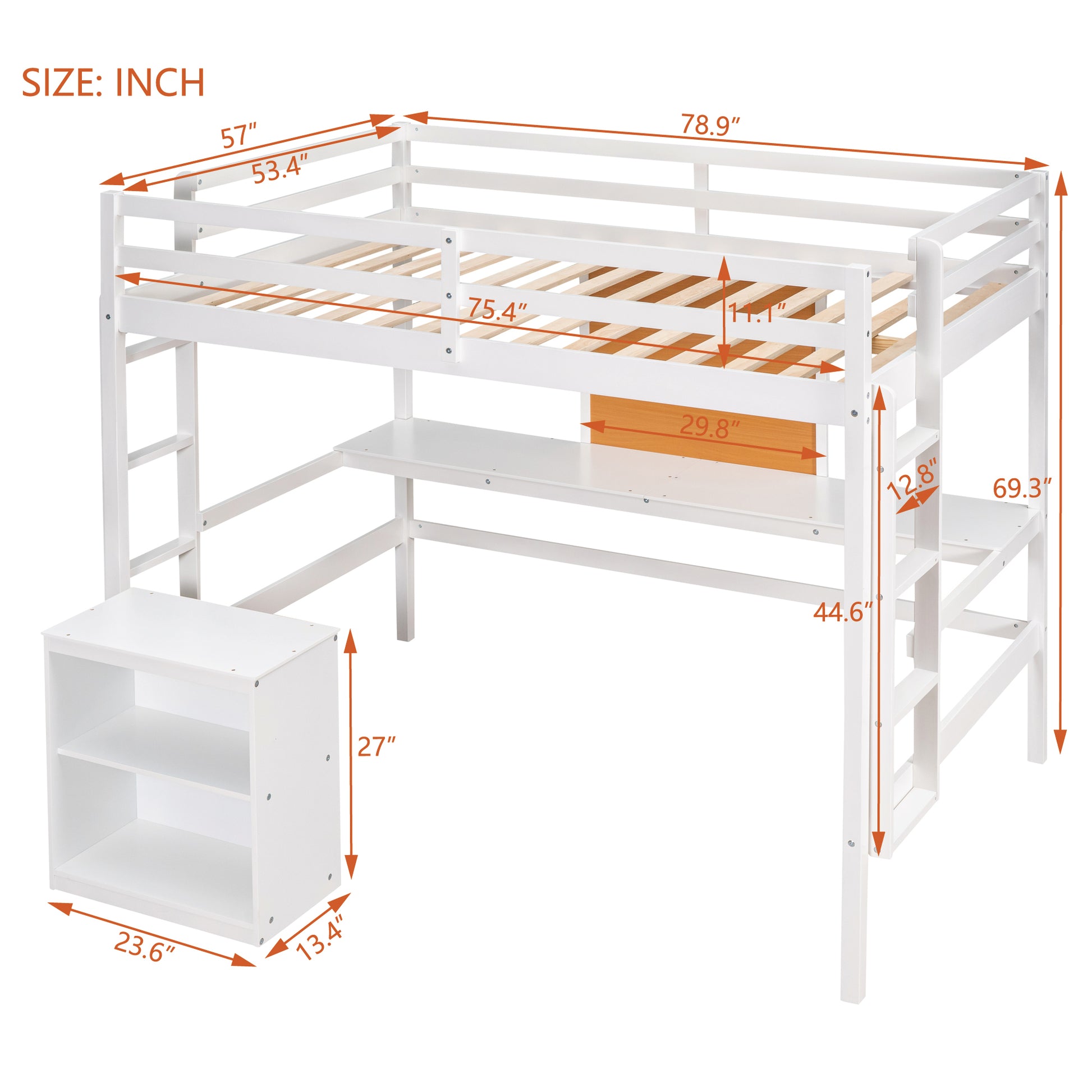 Full Size Loft Bed With Desk And Writing Board, Wooden Loft Bed With Desk & 2 Drawers Cabinet White White Solid Wood